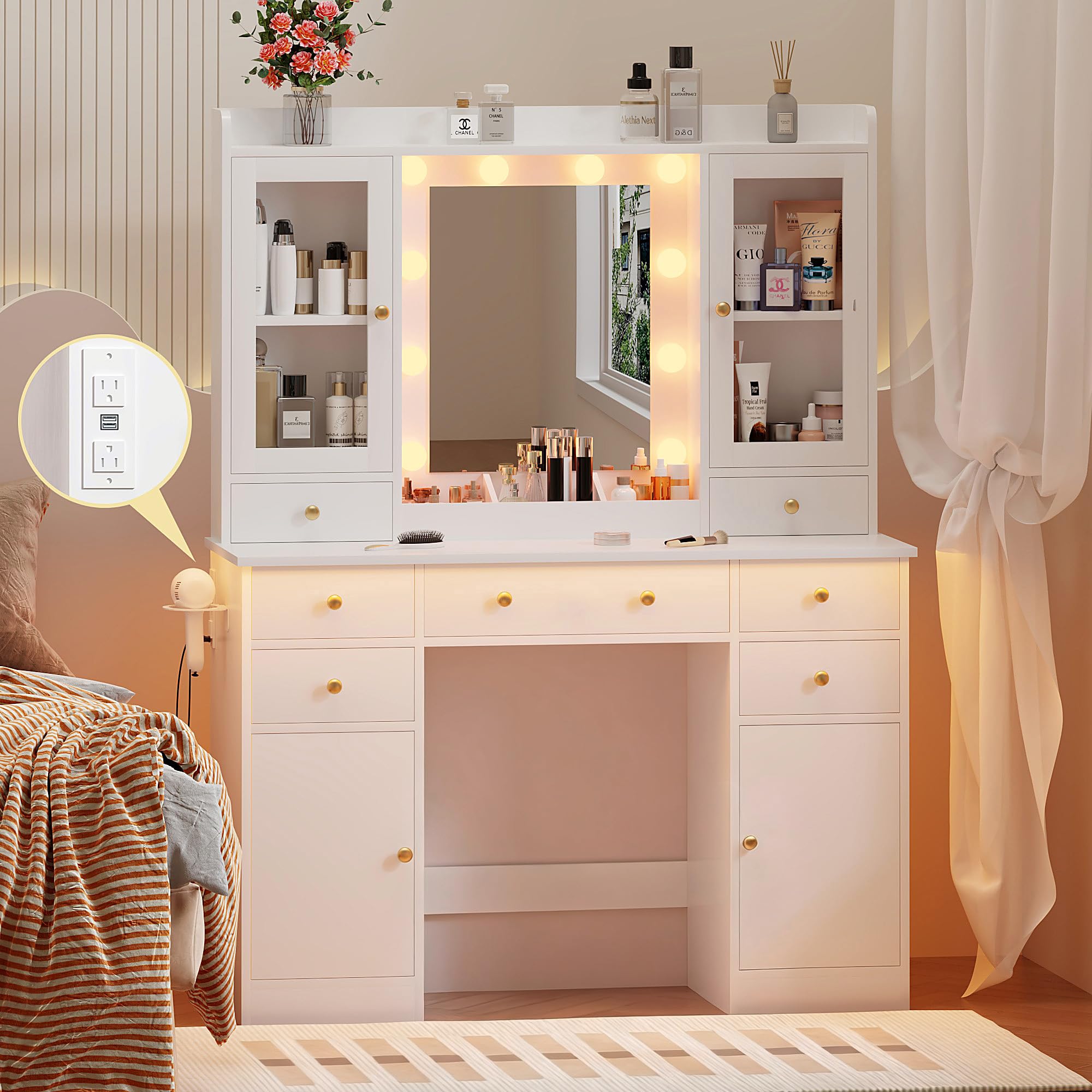 HUANLEGO Vanity Desk with Mirror and Lights, White Vanity with Lighted Mirror & Power Outlet and 7 Drawers, 3 Color Modes Adjustable, Makeup Dressing