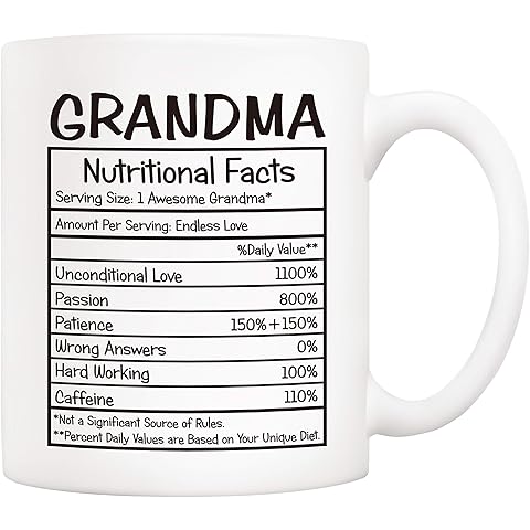 5Aup Mothers Day Gifts Grandma Nutritional Facts Coffee Mug Christmas Gifts, Funny New Gag Novelty Gift from Granddaughter Grandson for Birthday, 11Oz Ceramic Cups
