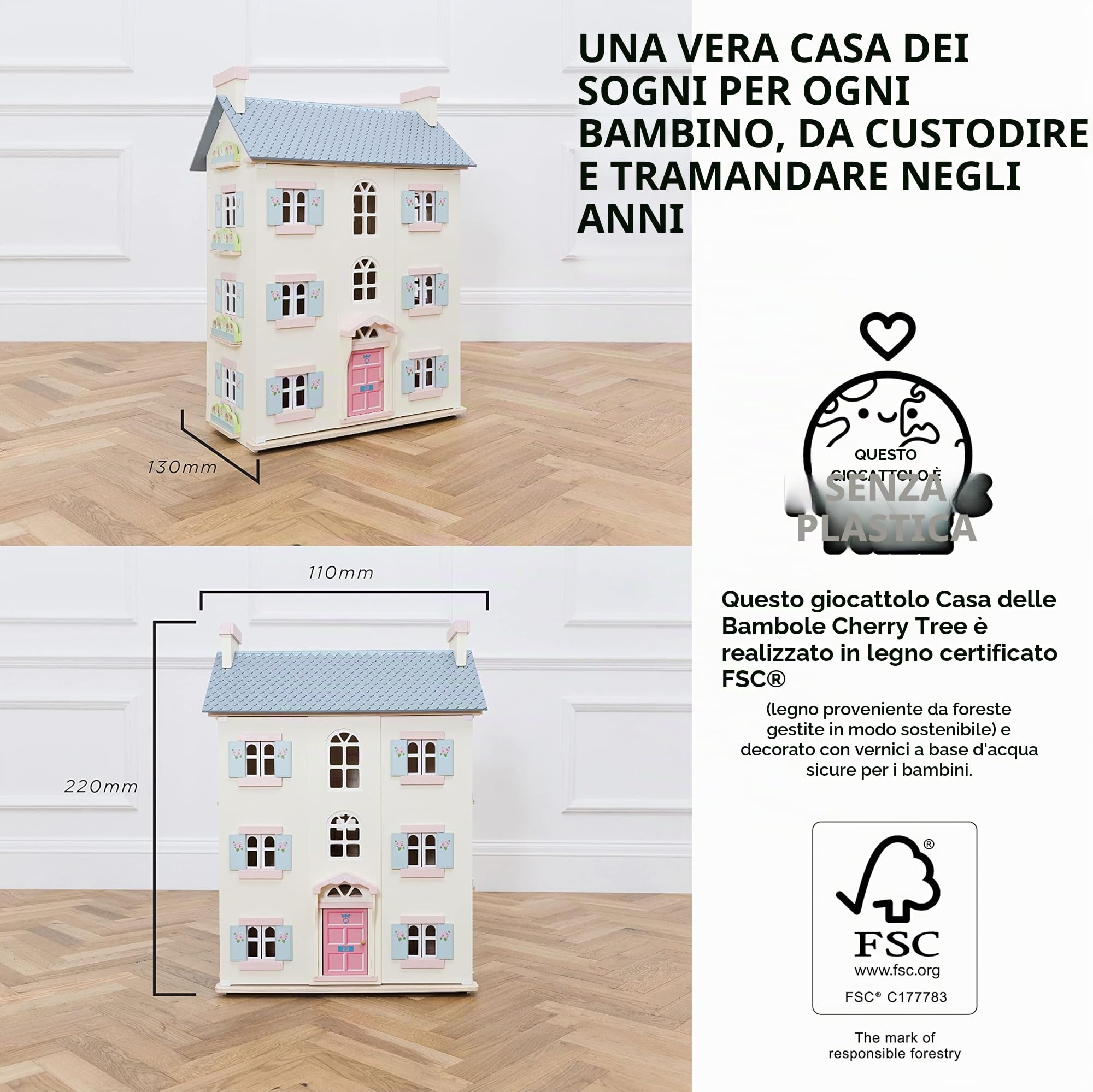 Le Toy Van Casa delle bambole Cherry Tree Hall in legno certificato FSC, 3 anni, per bambina, 3 piani, l 64 x p 41 x h 92 cm, con scala interna, finestre e porte apribili, Montessori