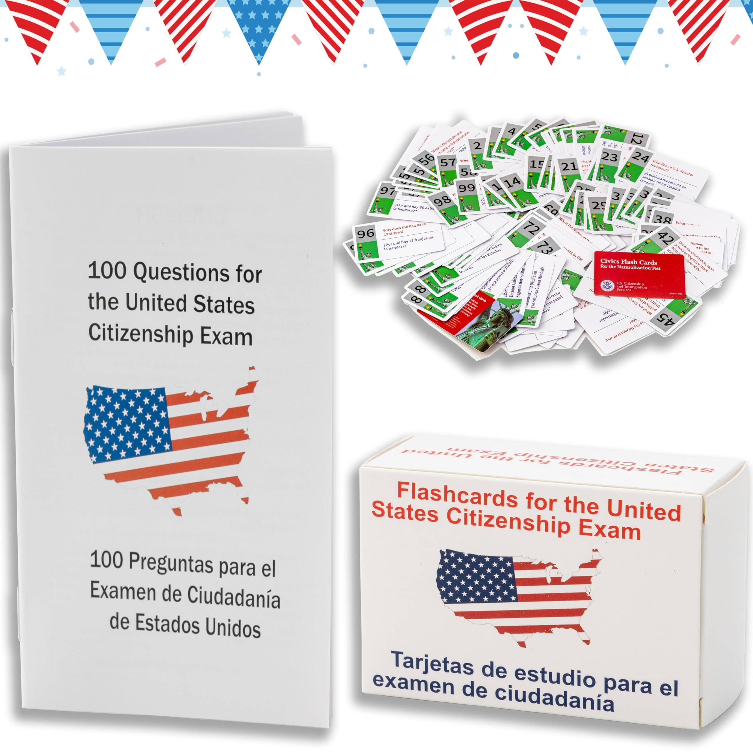 U.S Civics Test Flash Cards Combo Set with Bilingual Booklet - English/Spanish, Flashcards for The United States Citizenship Naturalization Study Guide with 100 US Civics Questions & Answers