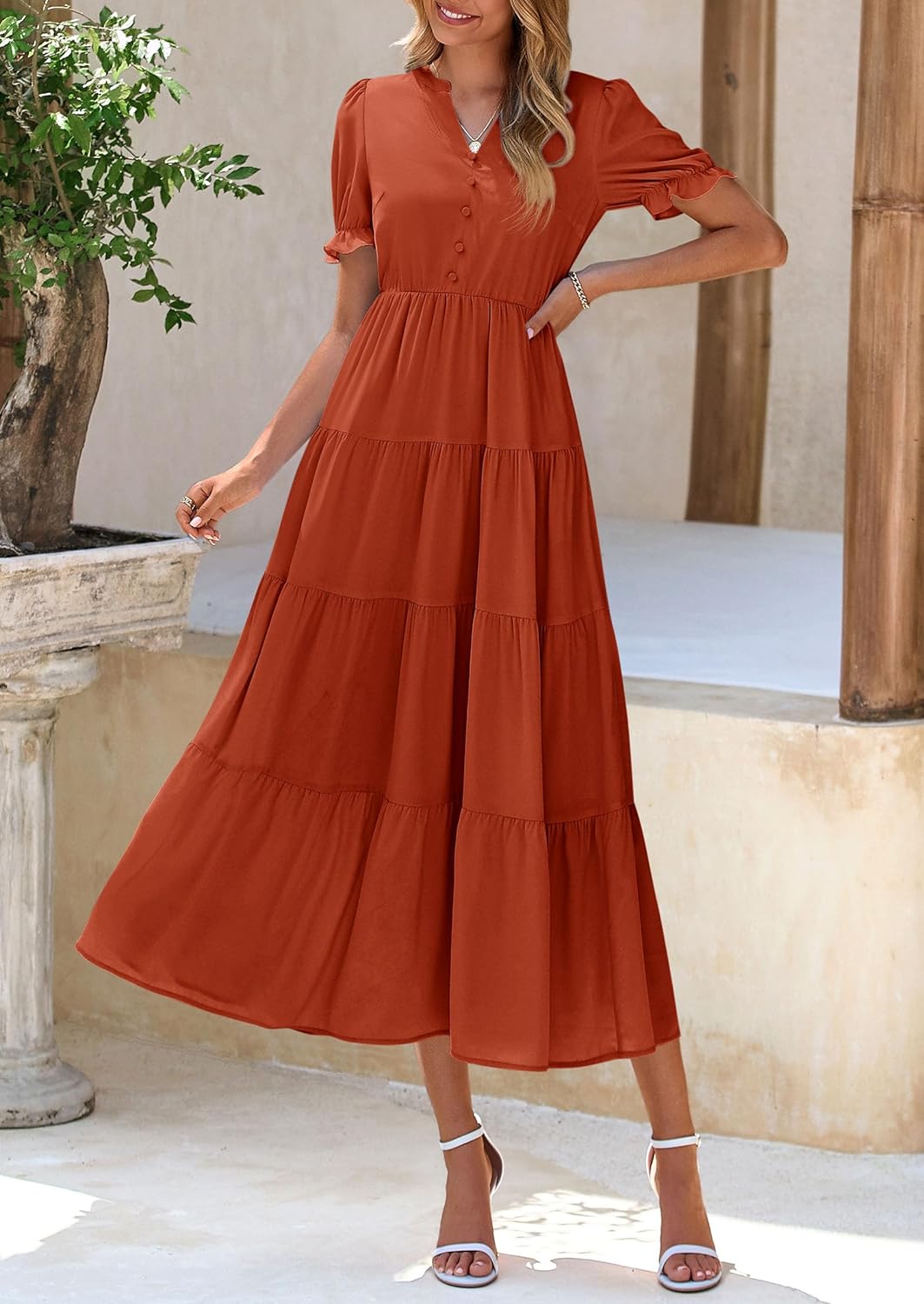 PRETTYGARDEN Women's Summer Casual Short Sleeve V Neck Midi Dresses 2025 Spring A-line Tiered Wedding Guest Dress - Image 8