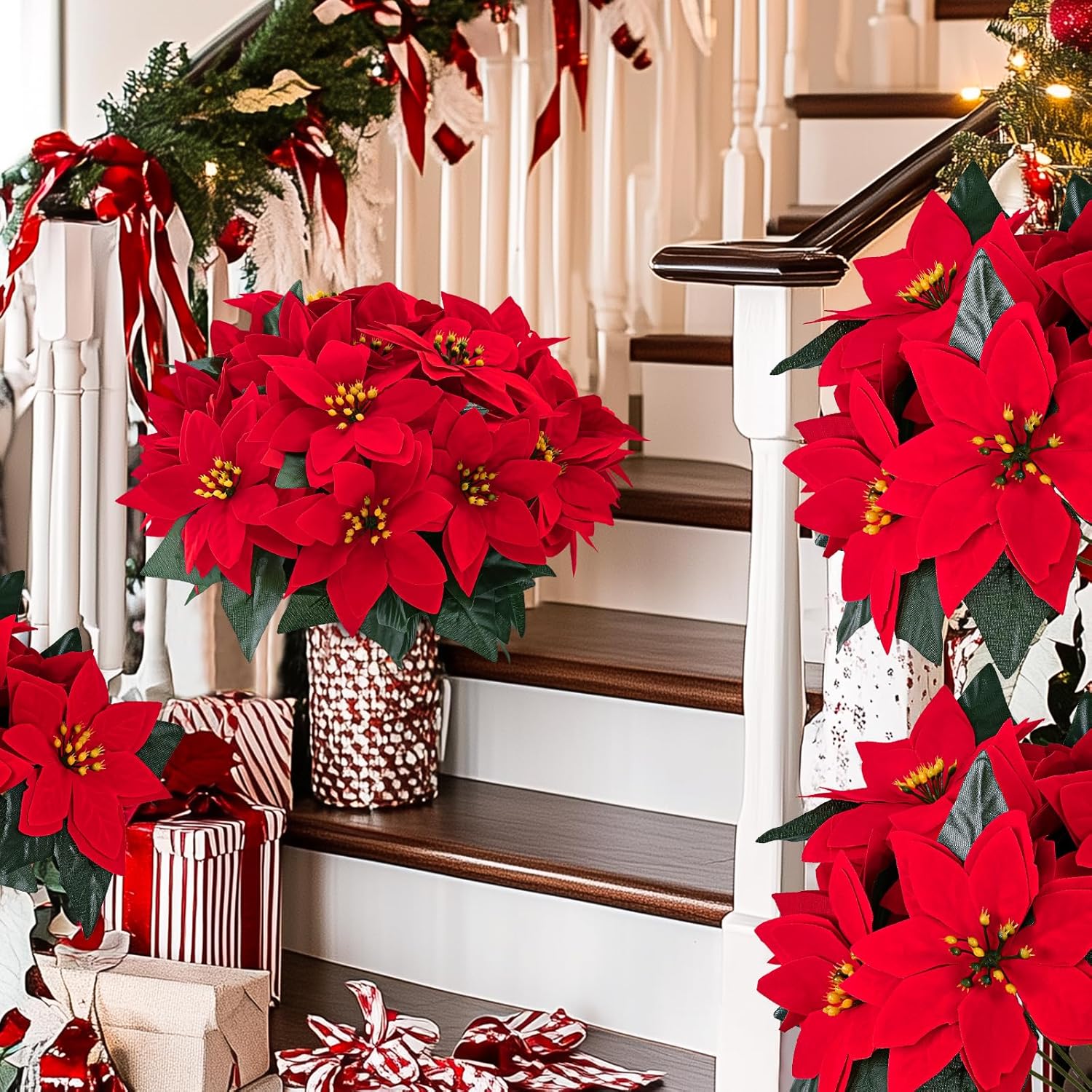 MARTINE MALL 12 Packs Poinsettia Flowers Artificial, 7 Heads Poinsettia Christmas Decoration, Velvet Poinsettia Bouquet Christmas Flowers Poinsettia Bush for Christmas Xmas Tree Porch Home Decoration