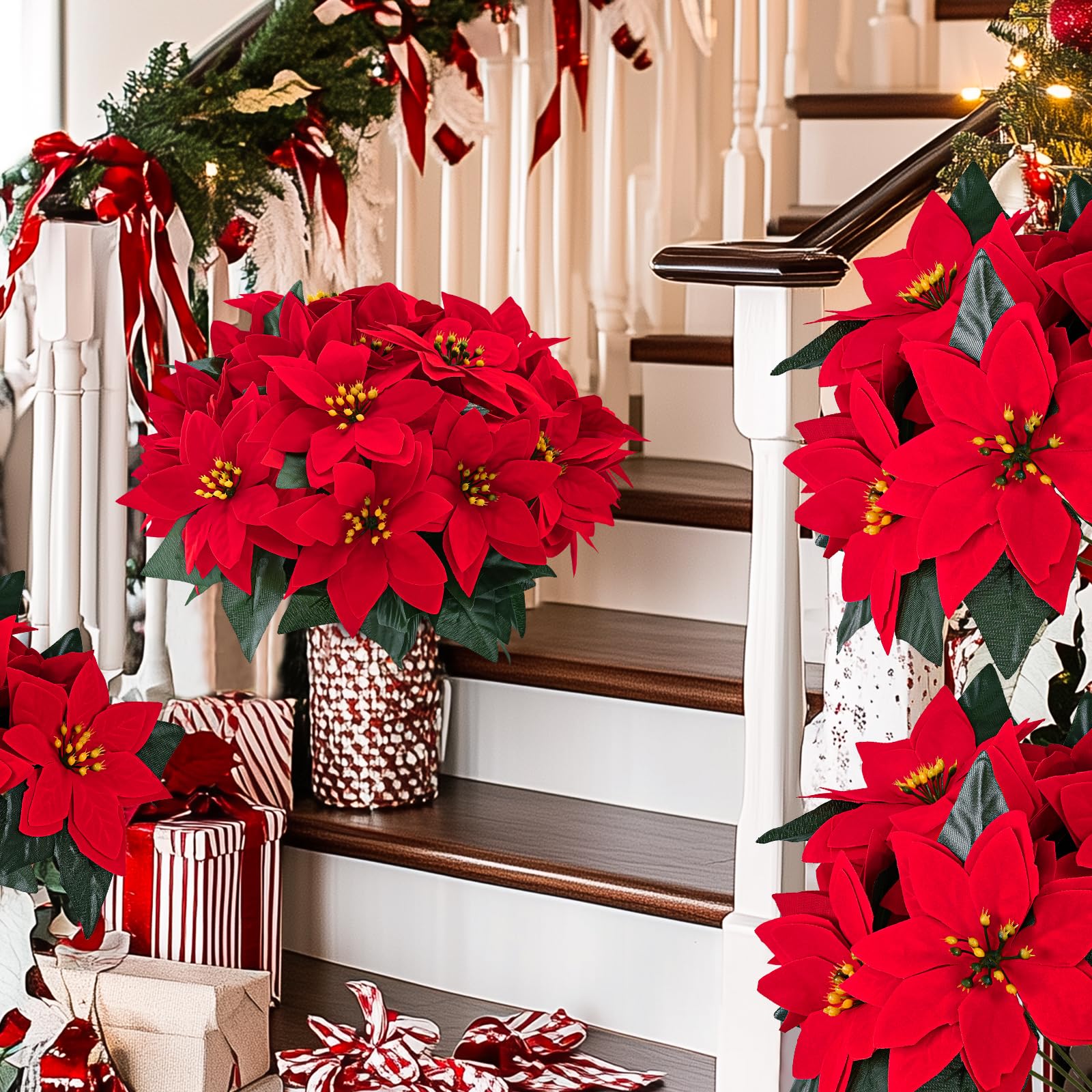 MARTINE MALL Paquete de 6 flores artificiales de Pascua con 7 cabezas, decoración de Navidad, ramo de flor de Pascua de terciopelo para árbol de Navidad, porche, hogar, jardín, decoración interior y