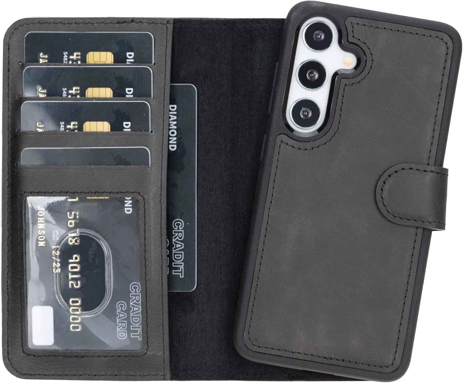 HARDISTON Premium Leather Handmade Wallet Case Compatible with Samsung Galaxy - Detachable Magnetic Flip Cover with Card Holder & Kickstand (Black, Samsung Galaxy S26 Plus)
