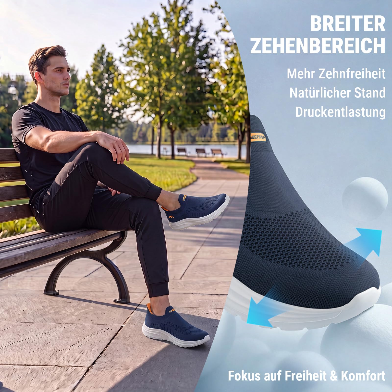 Sosenfer Herren Slip On Sneakers Breite Füße Hands-Free Walkingchuhe | Atmungsaktiv leichtgewichtig und bequem für Freizeit Walking Jogging und Alltagmit Mesh Outdoor Sportschuhe