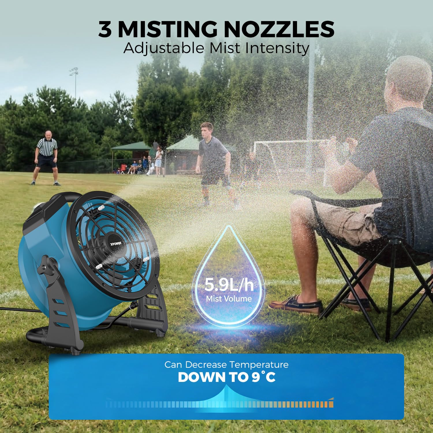 XPower Ventilador de nebulización para exteriores, oscilante, resistente, potente de alta velocidad, ideal para camping, patios, picnics y más (FM-65)