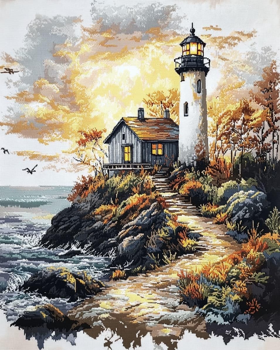 WallustrioaW DIY 11CT Stamped Cross Stitch Kits for Beginners,Lighthouse Hut,Easy Embroidery Counted Cross Stitch Art Craft for Wall Decoration,40x50cm