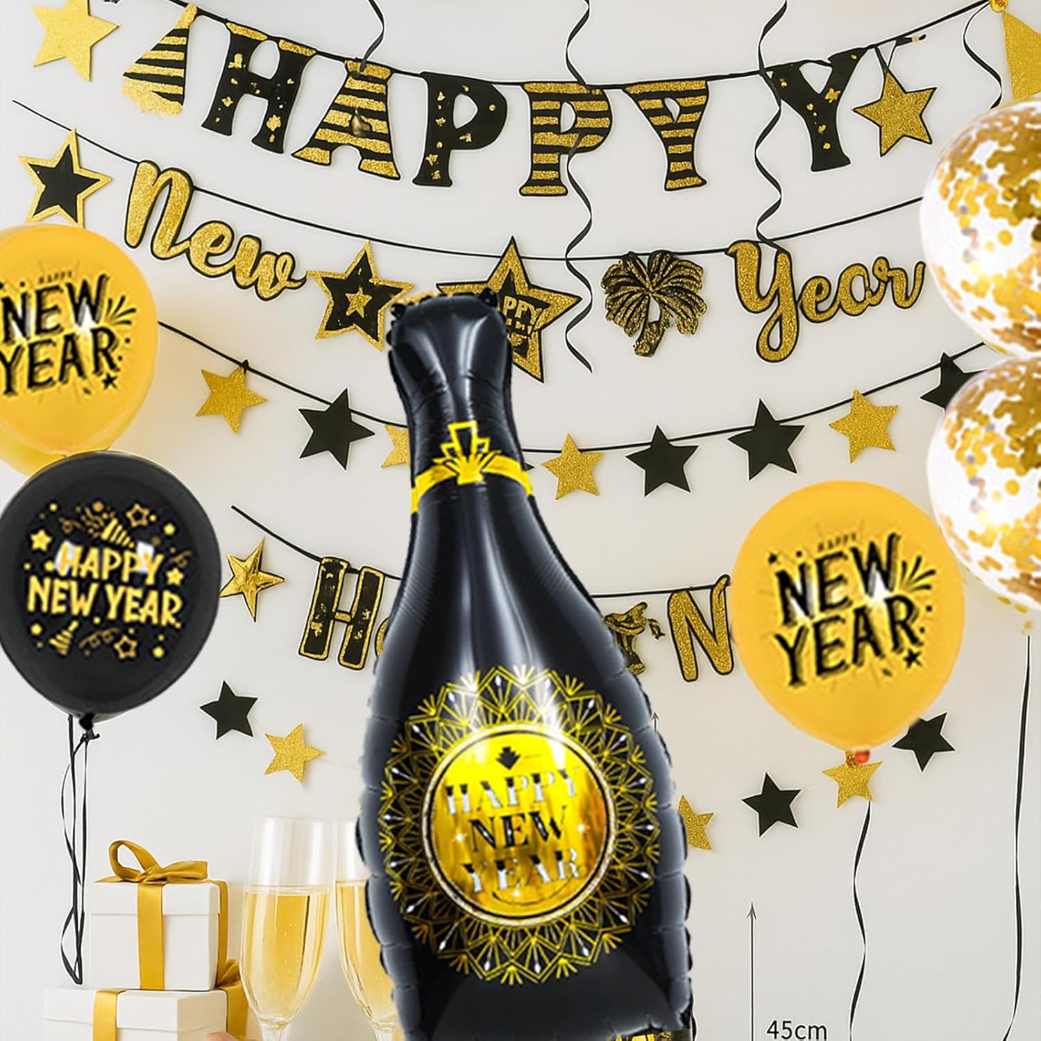 New Years Eve Party Supplies 2026 – Black & Gold Happy New Year Decorations Set with Banner, Balloons, Paper Garland, Fringe Curtain, Glue Dots, & Ribbon