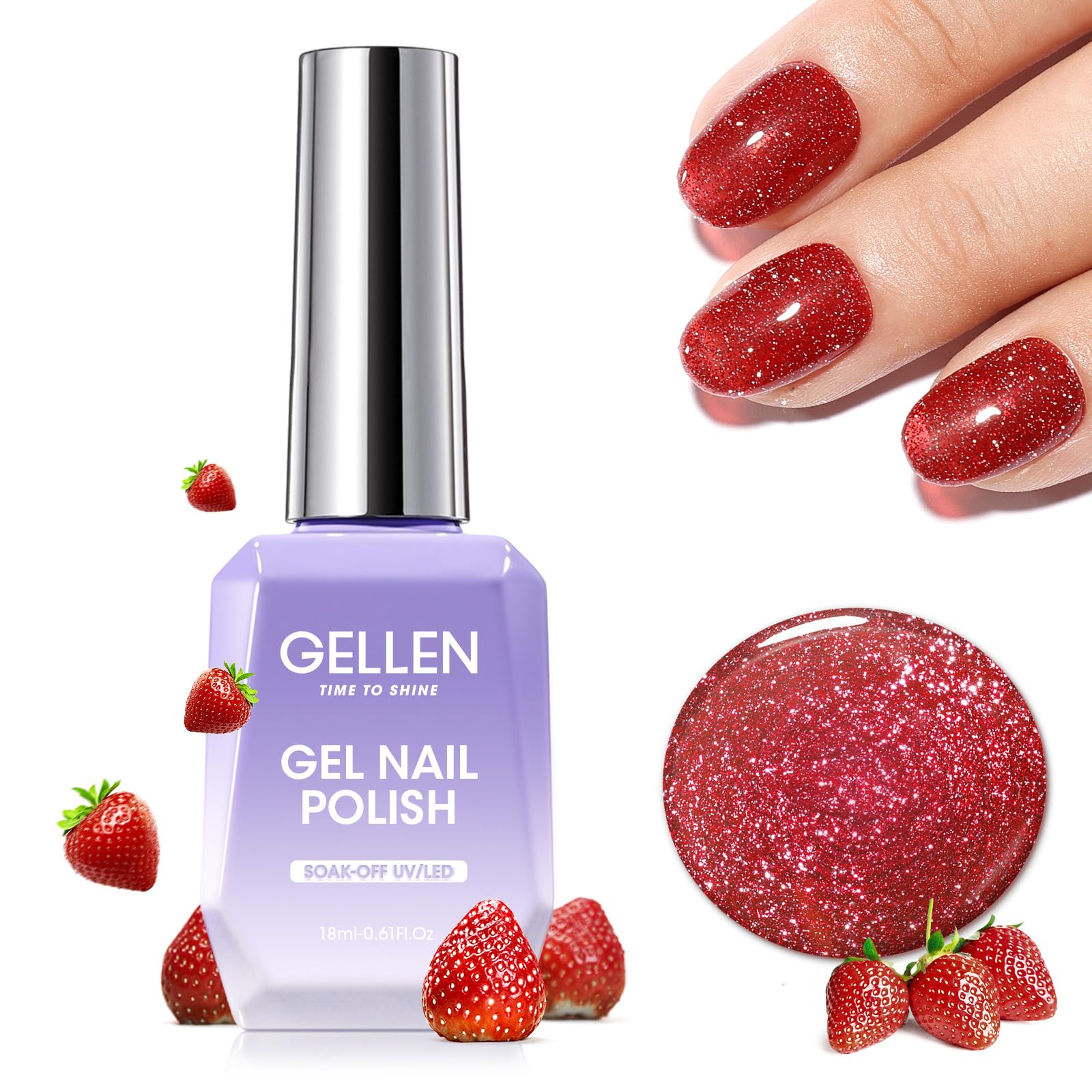 Gellen Red Gel Nail Polish, 0.61 Fl.Oz Strawberry Red Shimmer Jelly Gel Polish No Wipe Soak Off Long Lasting Quick Dry Glossy UV Light Gel for Nail Manicure Art Salon Home Christmas