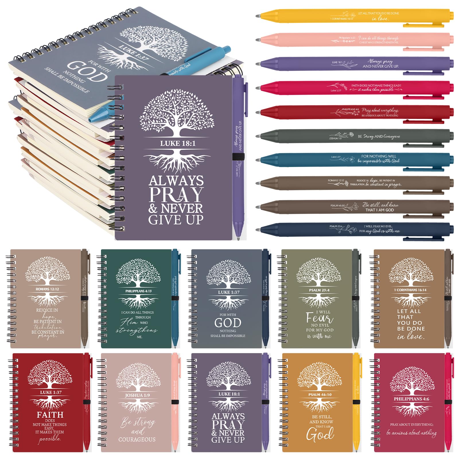 WWmily 20 Pcs Christian Gifts Bible Verse Notebook and Ballpoint Pen Christian Tree of Life Prayer Journal Religious Scripture Notepad for Men Women Sunday School Church Bible Study Supplies