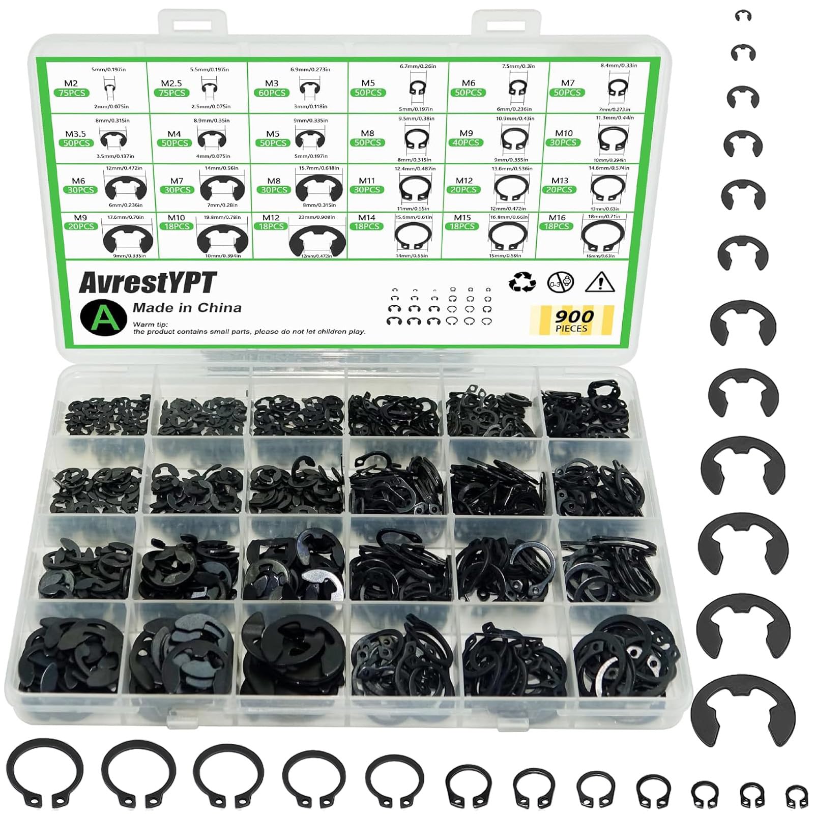 Retaining Rings Assortment Kit - 900 Pcs C & E Clips -1 Retaining Rings Assortment Kit - 900 Pcs C & E Clips -1