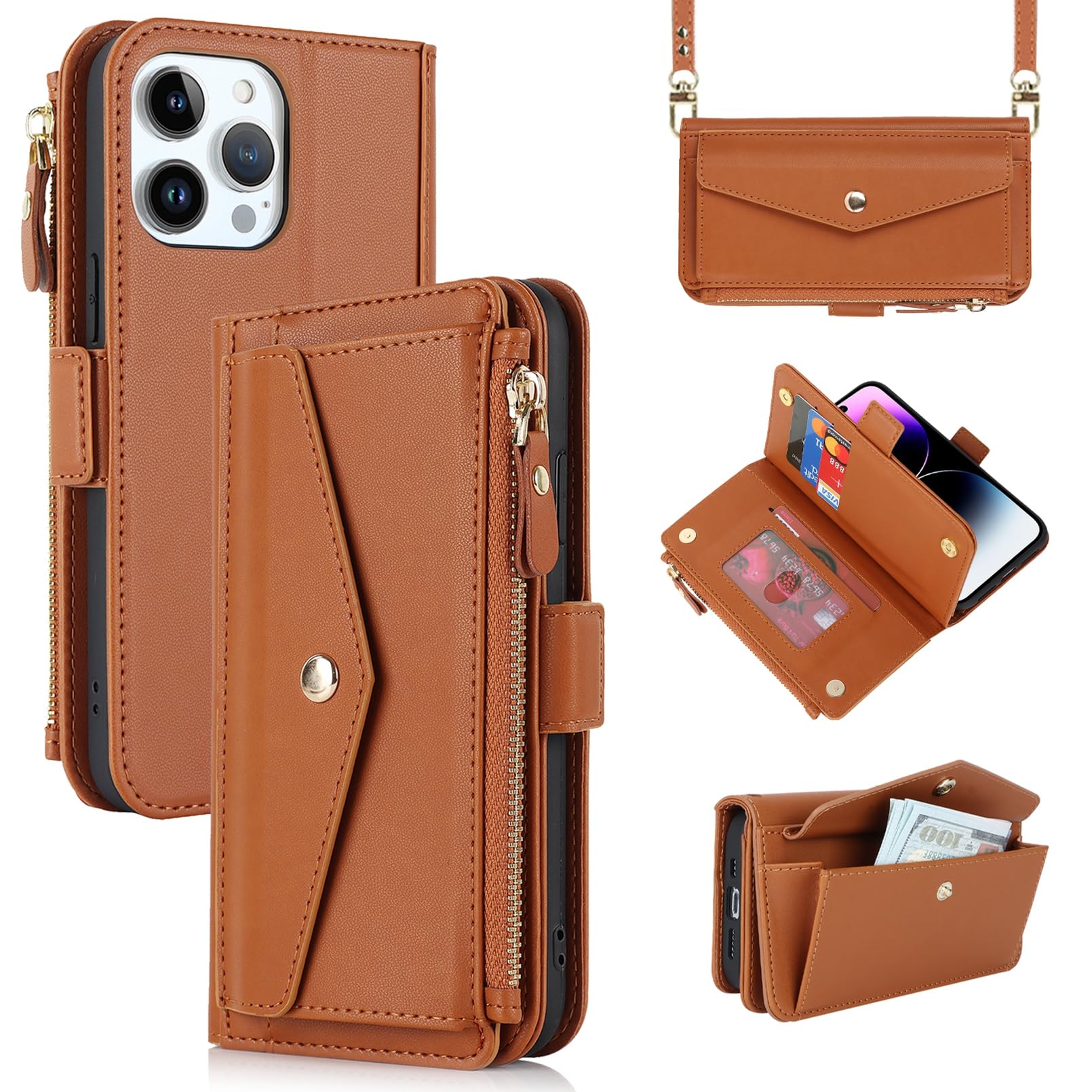 Jaorty Wallet Case for iPhone 14 Pro with Crossbody Lanyard for Women Men 6.1",iPhone 14 Pro Phone Case Purse with Card Holder,Protective PU Leather Zipper Coin Case,Zipper Brown