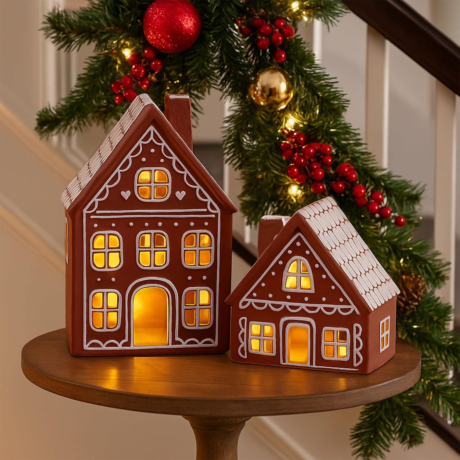 Funnymoom 2 juegos de casas de jengibre heladas de cerámica iluminadas, decoraciones de Navidad para interiores, casas de pan de jengibre LED preiluminadas, decoración de mesa de cocina para centro de
