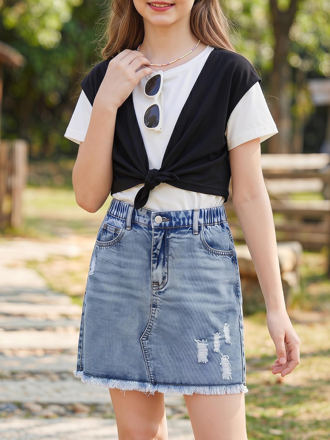 Floerns Girl's Ripped Denim Skirt Elastic Waist Frayed Hem Casual Jean Skirts