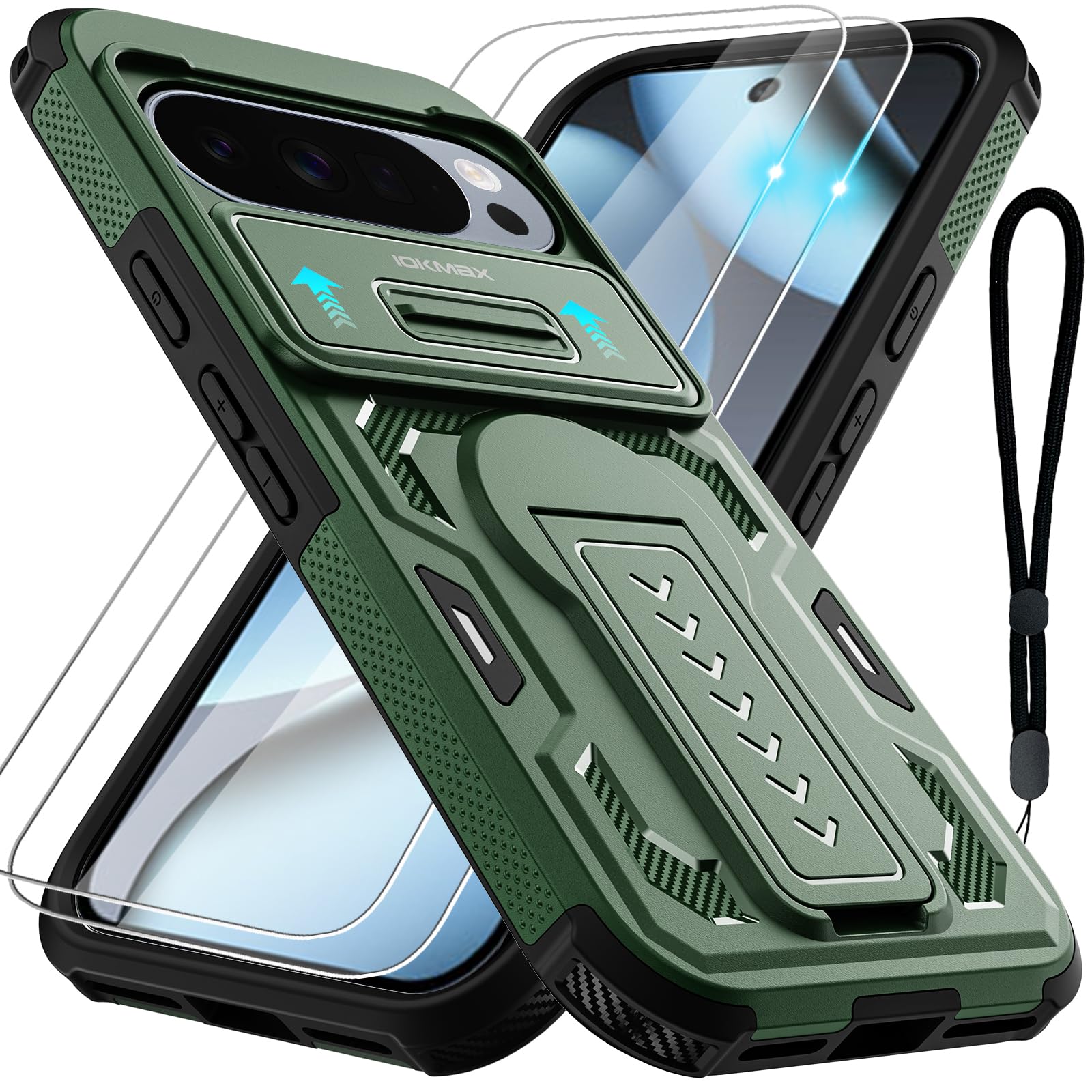 for Google Pixel 10/10 Pro/Pixel 9/9 Pro Phone Case with 2*Screen Protector, Slide Camera Cover, Kickstand, Lanyard Strap,Military Grade Shockproof Protective Heavy Duty Non-Slip Case, Green