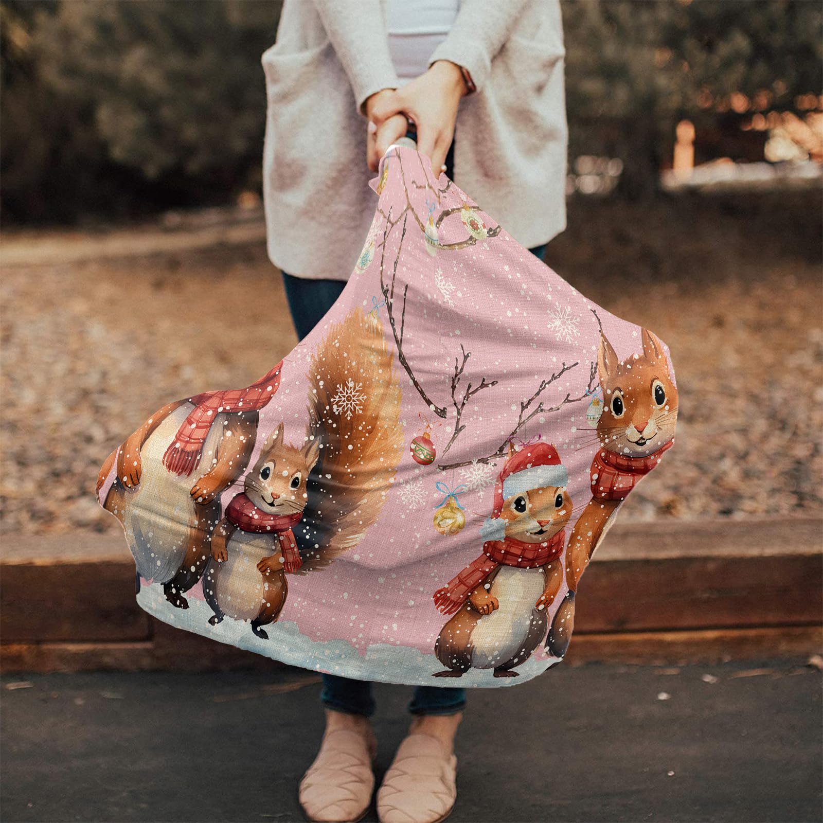Nursing Cover for Breastfeeding Scarf, Hand Drawn Pink Merry Christmas Squirrel Family Baby Car Covers Super Soft Multi Use for Canopy Shopping Cart Cover Blanket Stroller Cover