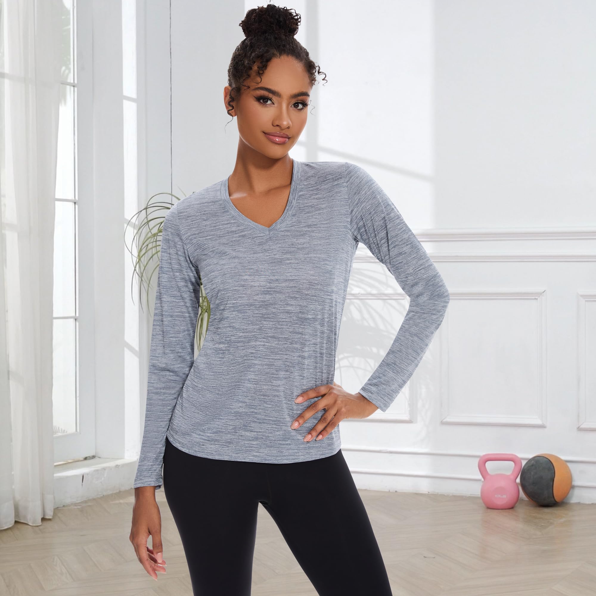 BALENNZ Camisetas de entrenamiento de manga larga para mujer, cuello en V, absorben la humedad, secado rápido, para gimnasio, atletismo