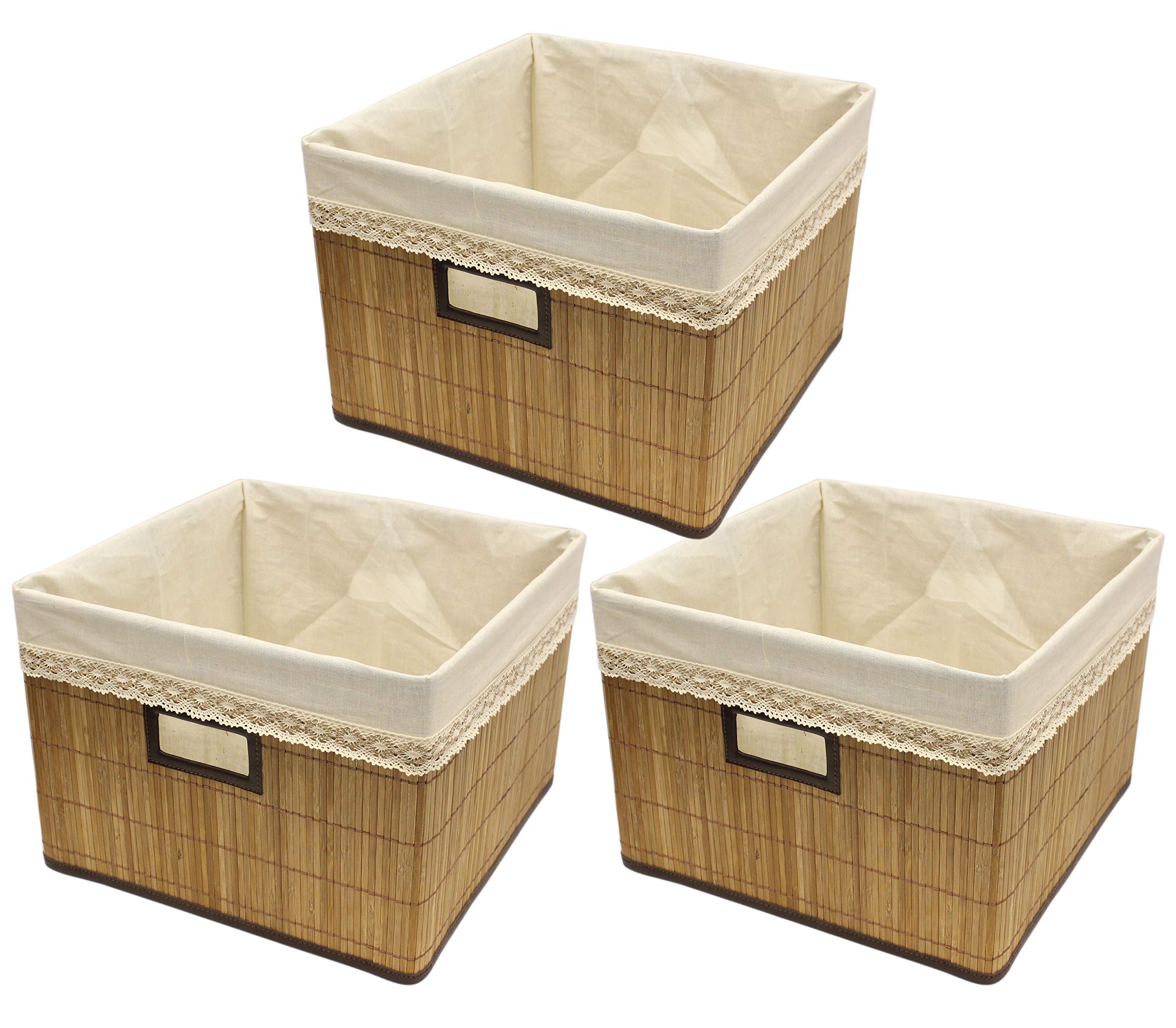 Seta DirectBrown Natural Bamboo Storage Bin Container with Cloth Liner [3 Pack, Small]