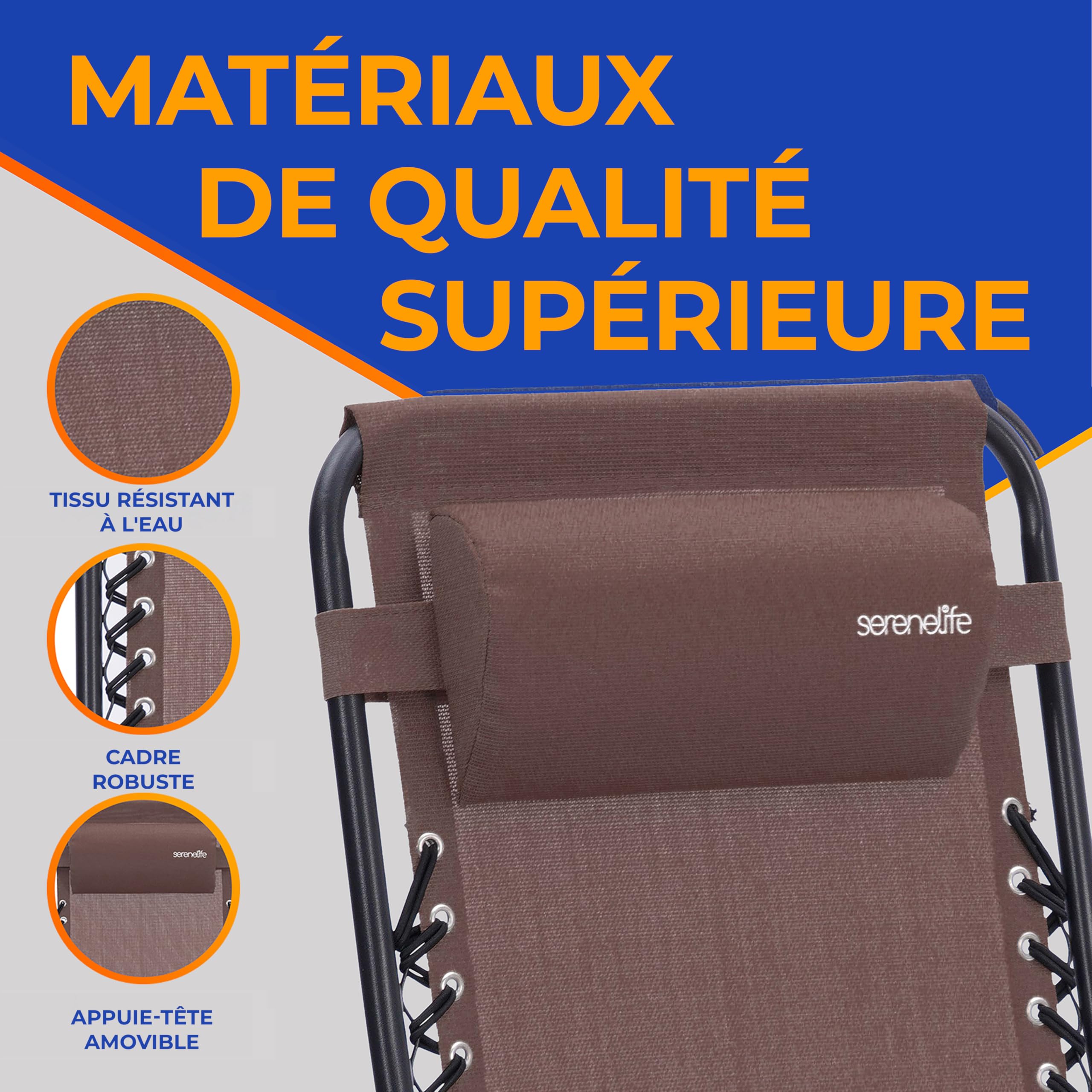 Serenelife Ensemble de 2 Chaises Pliantes - Chaise Longue Réglable pour Extérieur avec Table Latérale, Porte-Gobelets, Oreillers Amovibles - Patio, Jardin, Plage - Marron