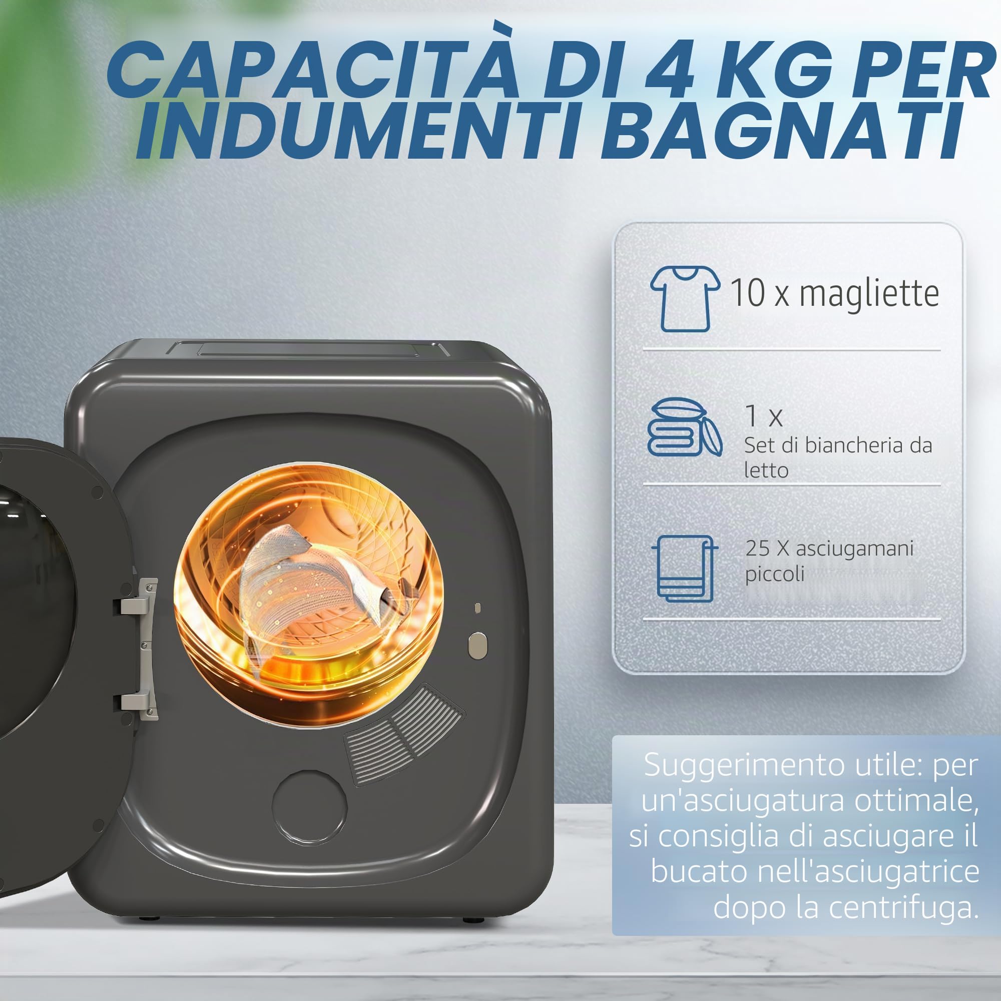 HOMCOM Mini asciugatrice con 6 programmi, touch screen a LED, 4 kg, fino a 60 °C, 800 W, autoportante, montaggio a parete, con protezione contro il surriscaldamento, asciugatura per vestiti, grigio