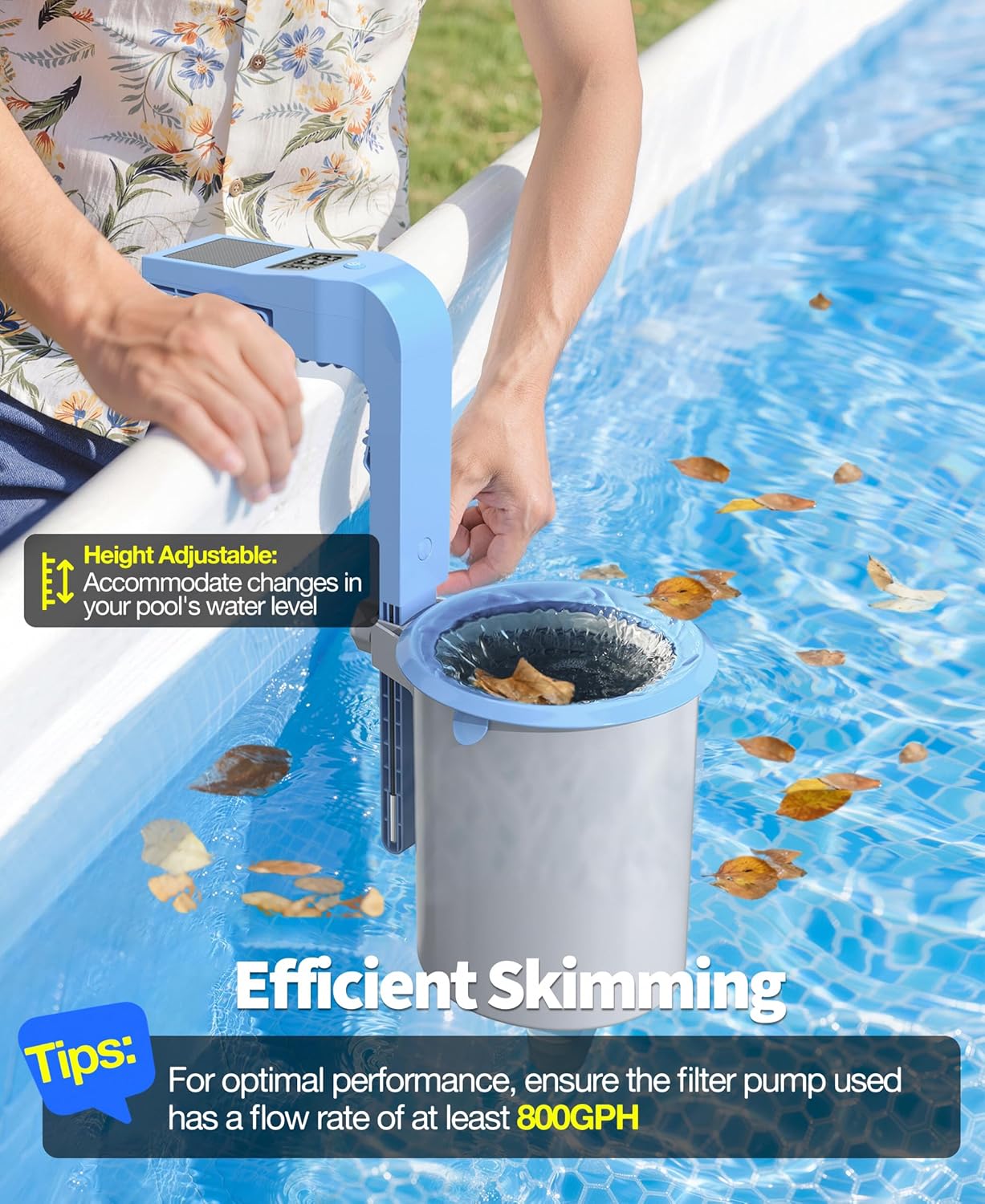 DeeprClean Newly Above Ground Pool Skimmer with Solar Digital Thermometer, Wall Mount Surface Skimmer with Adjustable Height Bracket, Auto Skimming for Pool Surface Floating Leaves & Debris-LightBlue