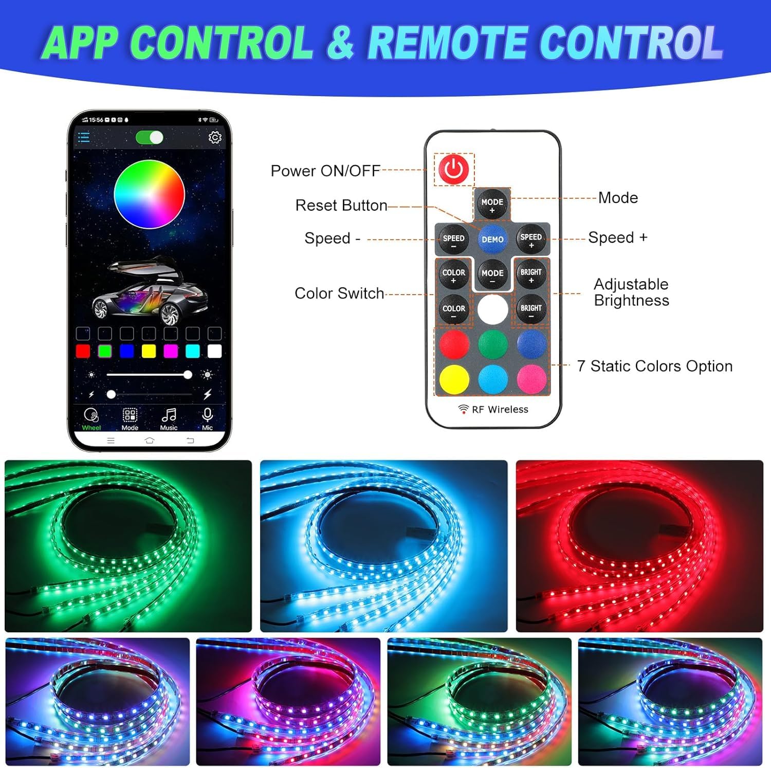Lot de 4 lumières LED sous-luisantes pour voiture, kit d'application et télécommande RVB multicolore synchronisation de la musique sous l'éclairage de la voiture, bandes néon étanches pour