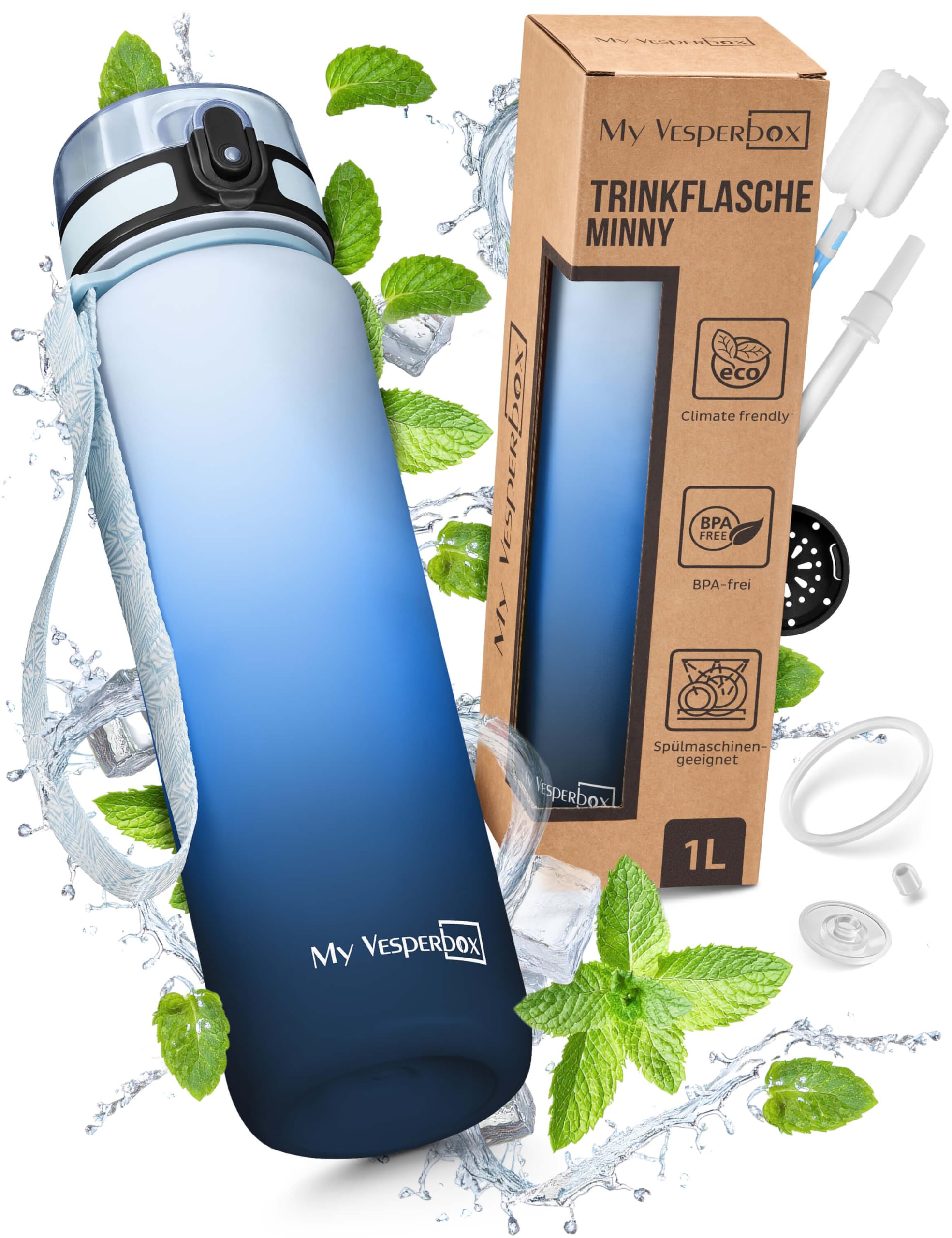 My Vesperbox® Trinkflasche Kinder [1000ML] - Wasserflasche Kohlensäure Geeignet & Auslaufsicher - Water Bottle Kids - für Schule & Sport - Kinderflasche für Mädchen & Jungen - inkl. Ersatzdichtung