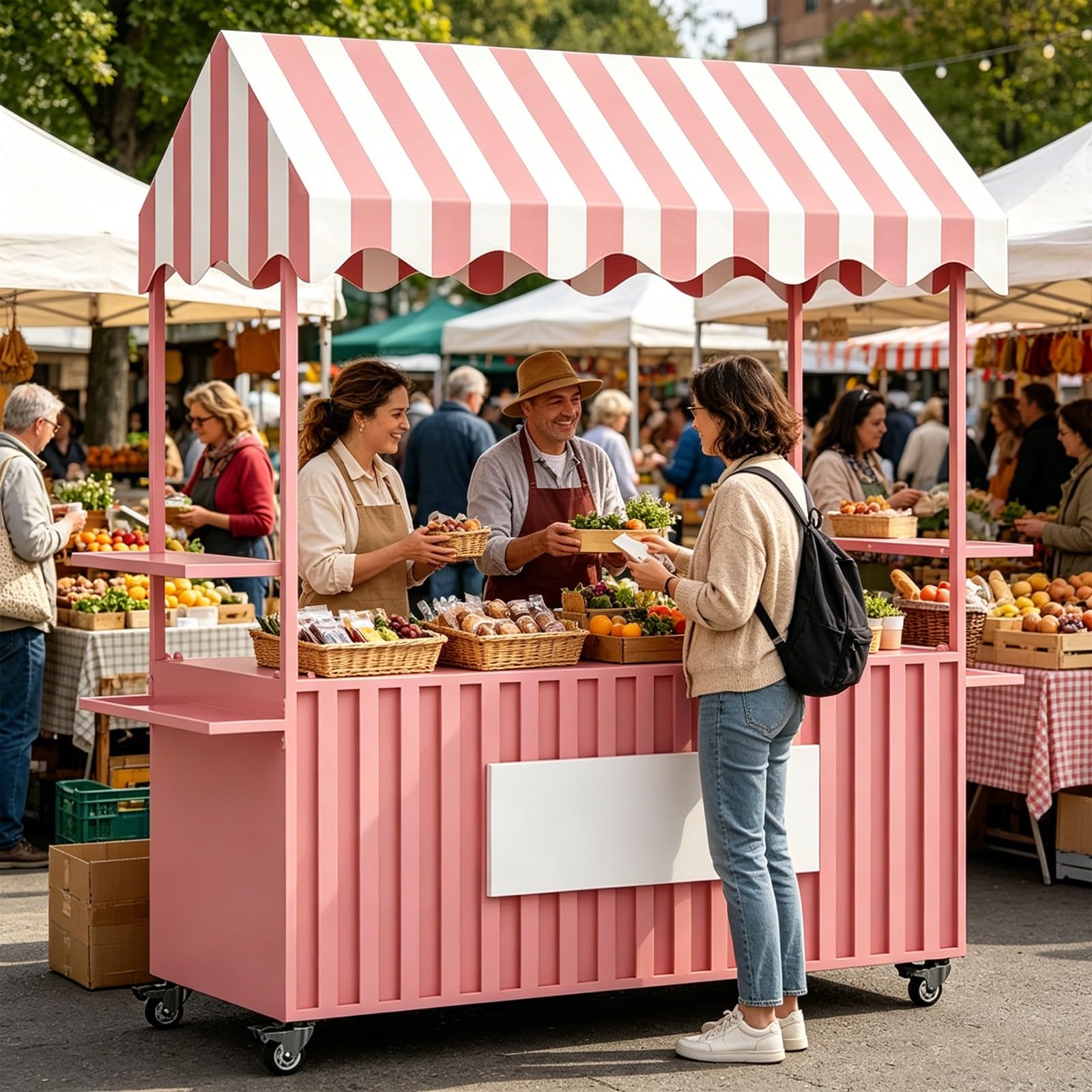 Marktstand Verkaufsstand, Imbisswagen, mit Rädern, Sonnendach, 2 Seitenablagen und Griffen, für Märkte, Streetfood und Veranstaltungen(Blue,120cm/47in)