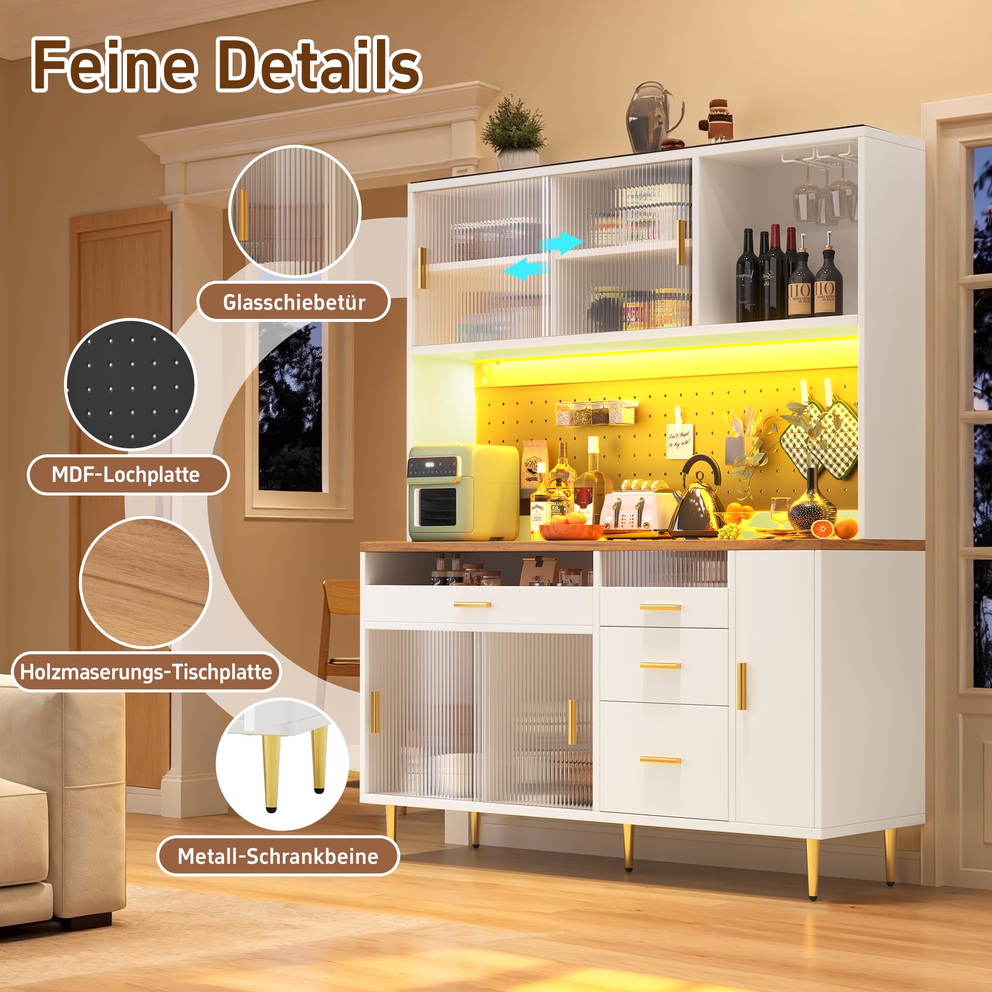 Armadio da cucina, vetrina, con illuminazione a LED, armadio alto con mensole forate, armadio da bar con porta bicchieri di vino e spazio di archiviazione, per cucina e sala da pranzo (bianco