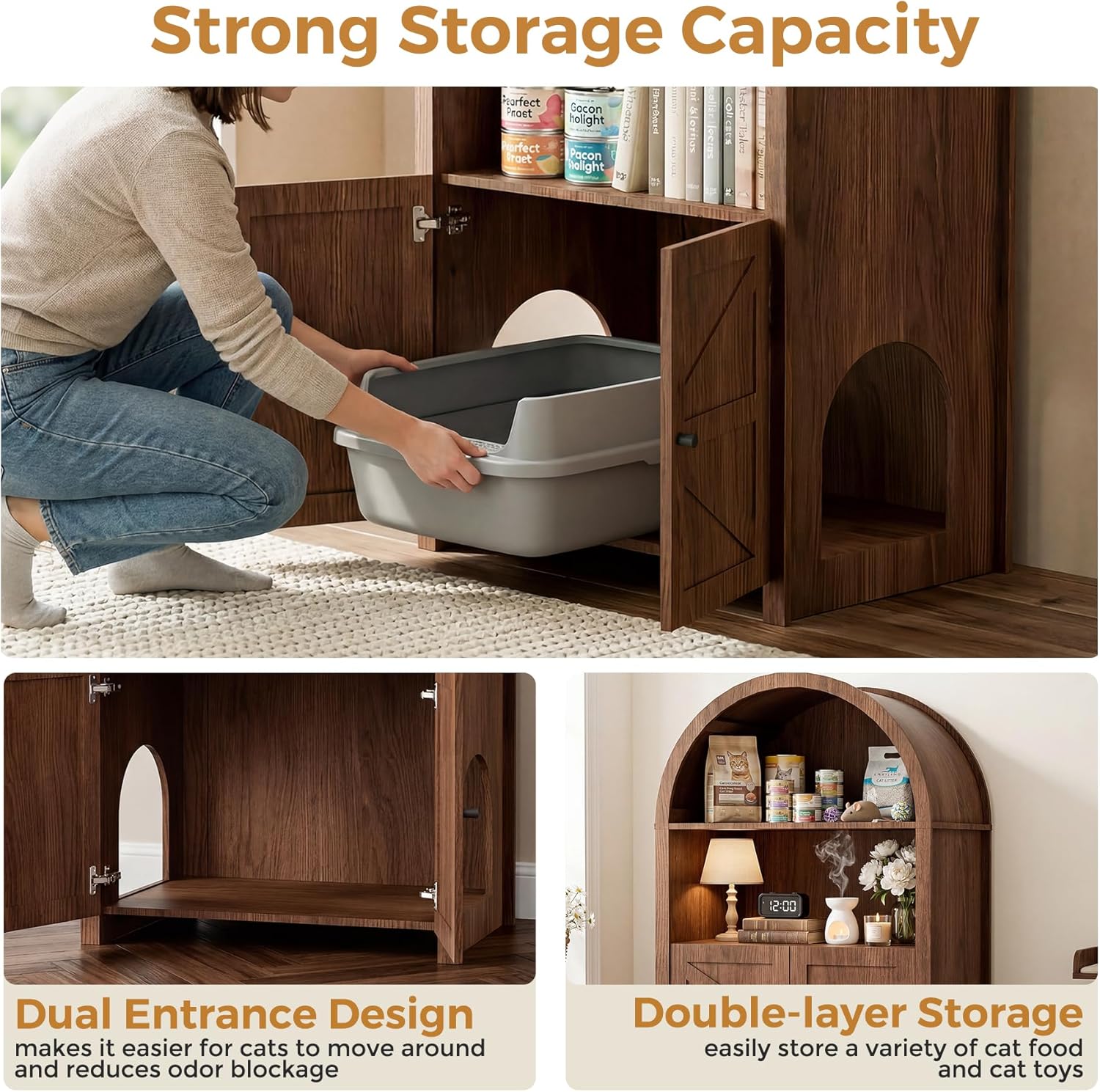 Cat Litter Box Enclosure, Hidden Cat Litter Box Furniture with Side Entry, Open Shelf, Arched Top, Farmhouse Indoor Cat House for Living Room, Walnut