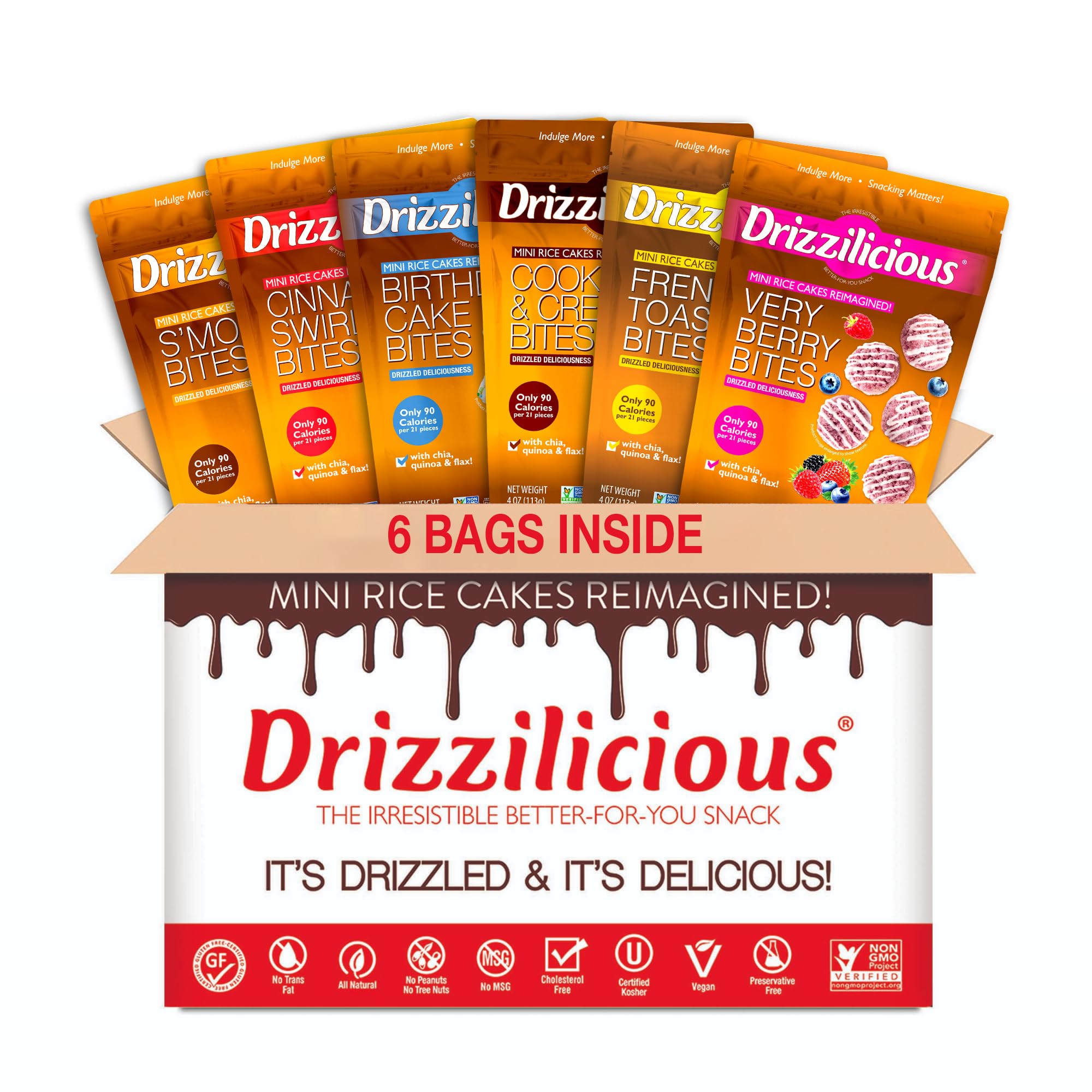 DrizziliciousMini Rice Cakes - Rice Crisps, Healthy Snack for Adults and Kids, Flavored Rice Cakes, Vegan, Gluten Free, 90 Calories Per Serving - Ultimate Variety Pack, 4 oz (Pack of 6)