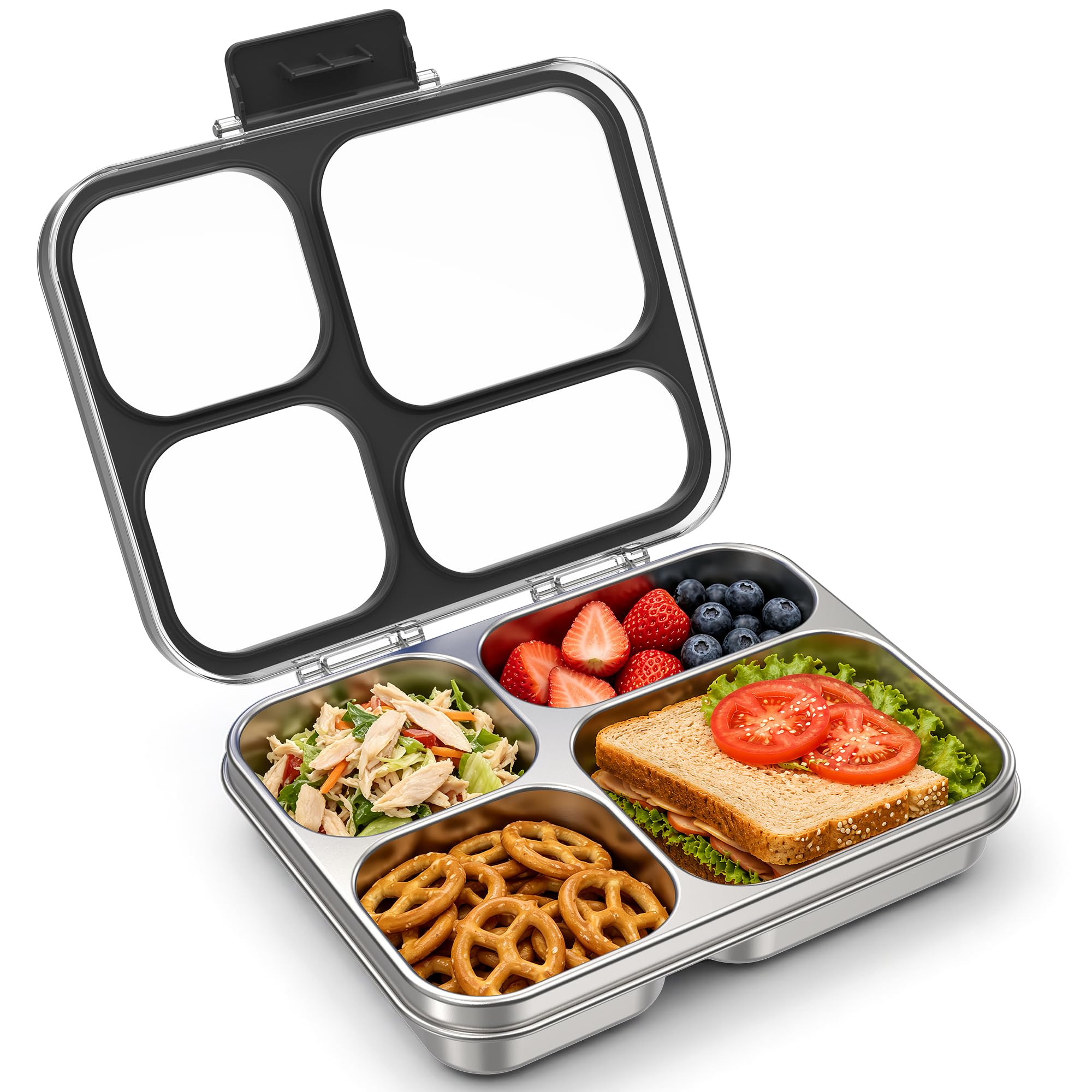 VITONIS Edelstahl Brotdose Kinder Metall Bento Lunchbox mit 4 Fächern, 930 ml Auslaufsichere Brotbox Sandwichbox Brotzeitdose Vesperdose Brotbüchse, Spülmaschinenfest