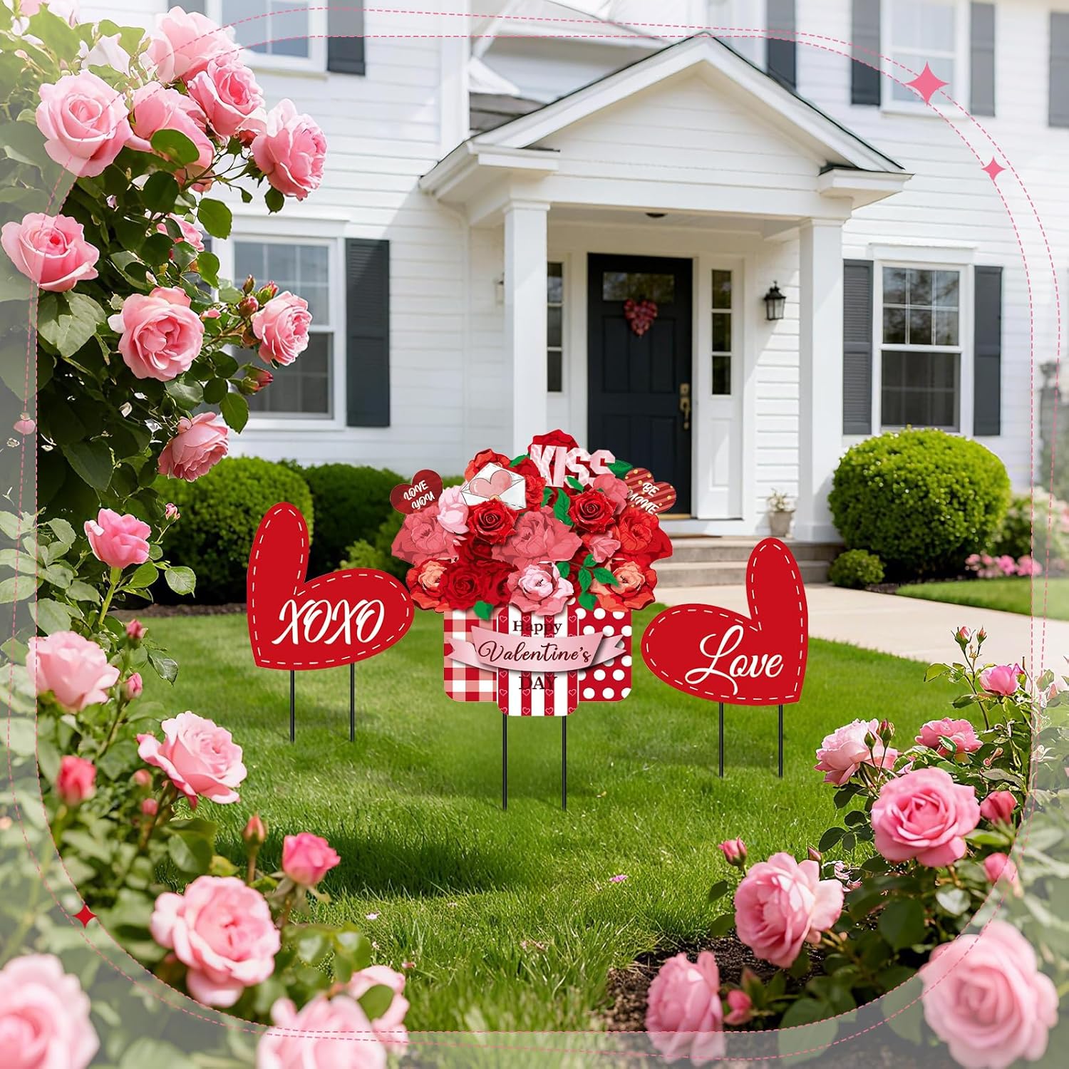 3 Pcs Valentines Metal Yard Signs and Hanging Wall Sign, Outdoor Valentines Metal Yard Stakes Heart Welcome Sign for Indoor Front Door Lawn Walkway Anniversary Wedding Party