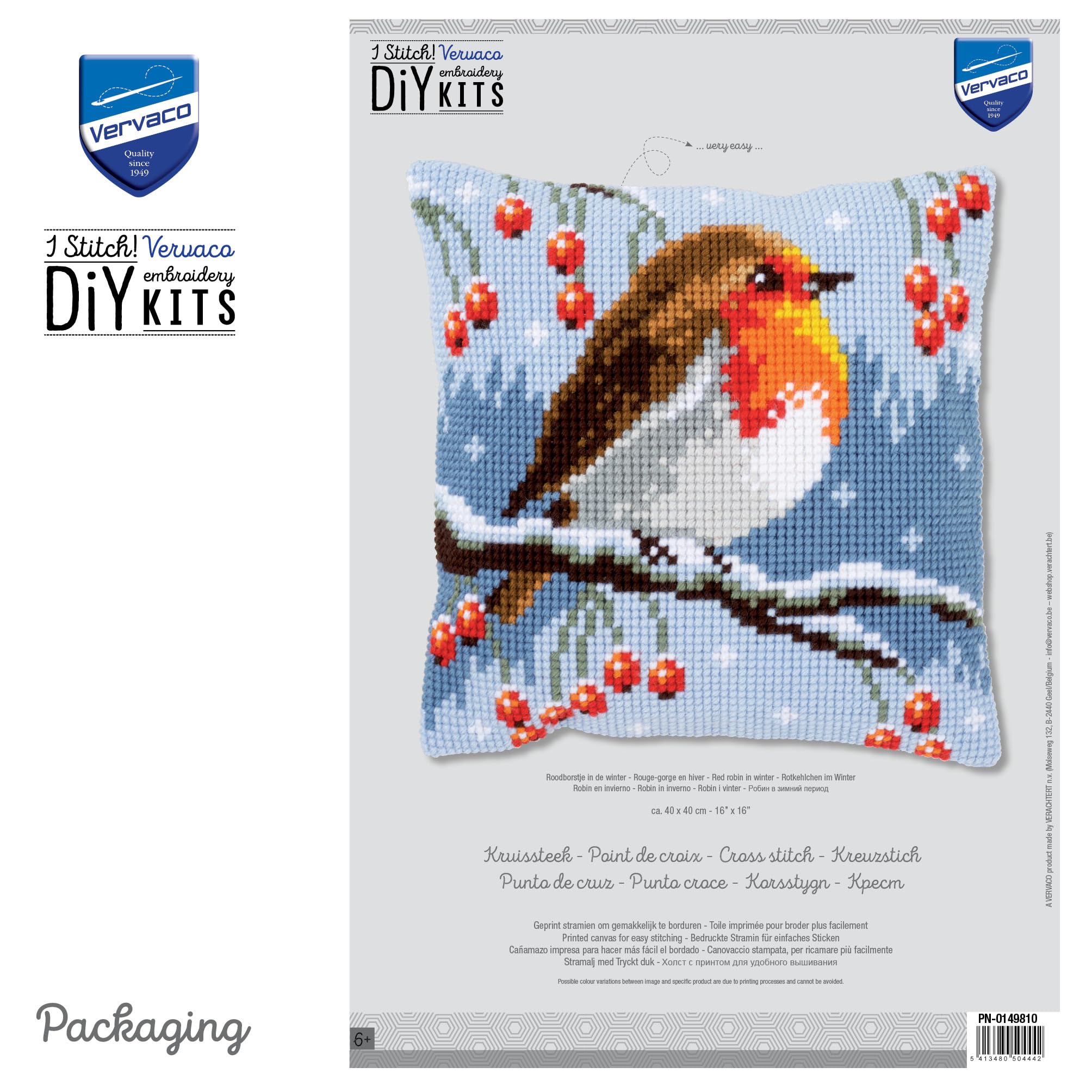 VERVACO Kit Cuscino Punto Croce PETTIROSSO Set Ricamo Principianti Cuscini Gobelin Decorativi ca. 40 x 40 cm Accessori per Lavoretti Creativi DIY Casa Decor Hobby Adulti Cross Stitch