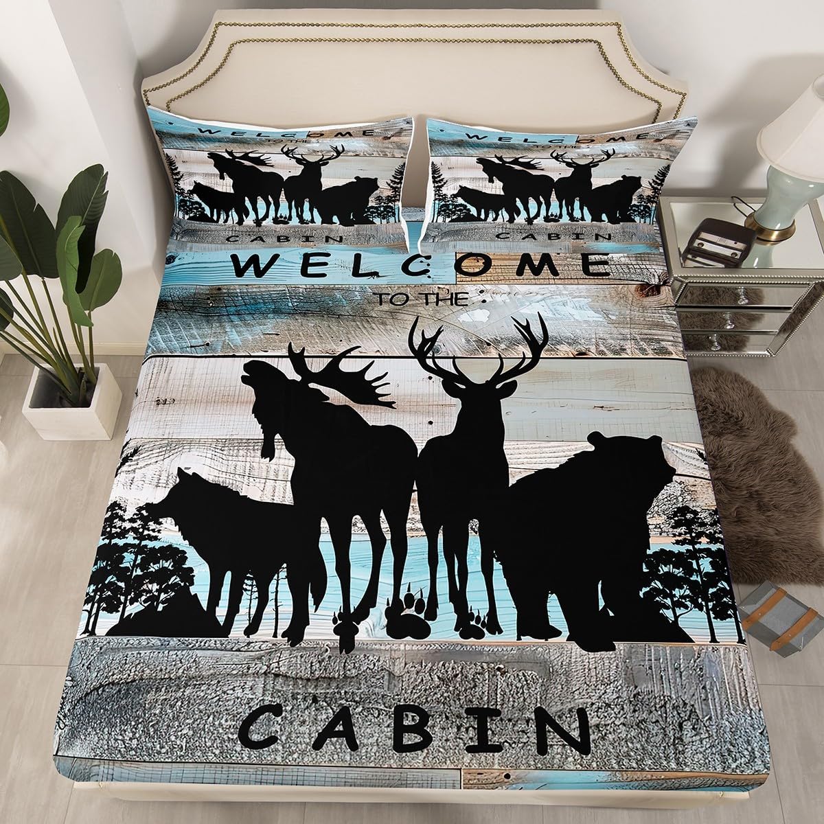 Woodland Animals Fitted Sheet Queen Lodge Cabin Bed Sheets,Pine Trees Wildlife Bear Moose Elk Wolf Bedding Set Country Cottage Wood Plank Deer Silhouette Sheets,Farmhouse Rustic Home Decor