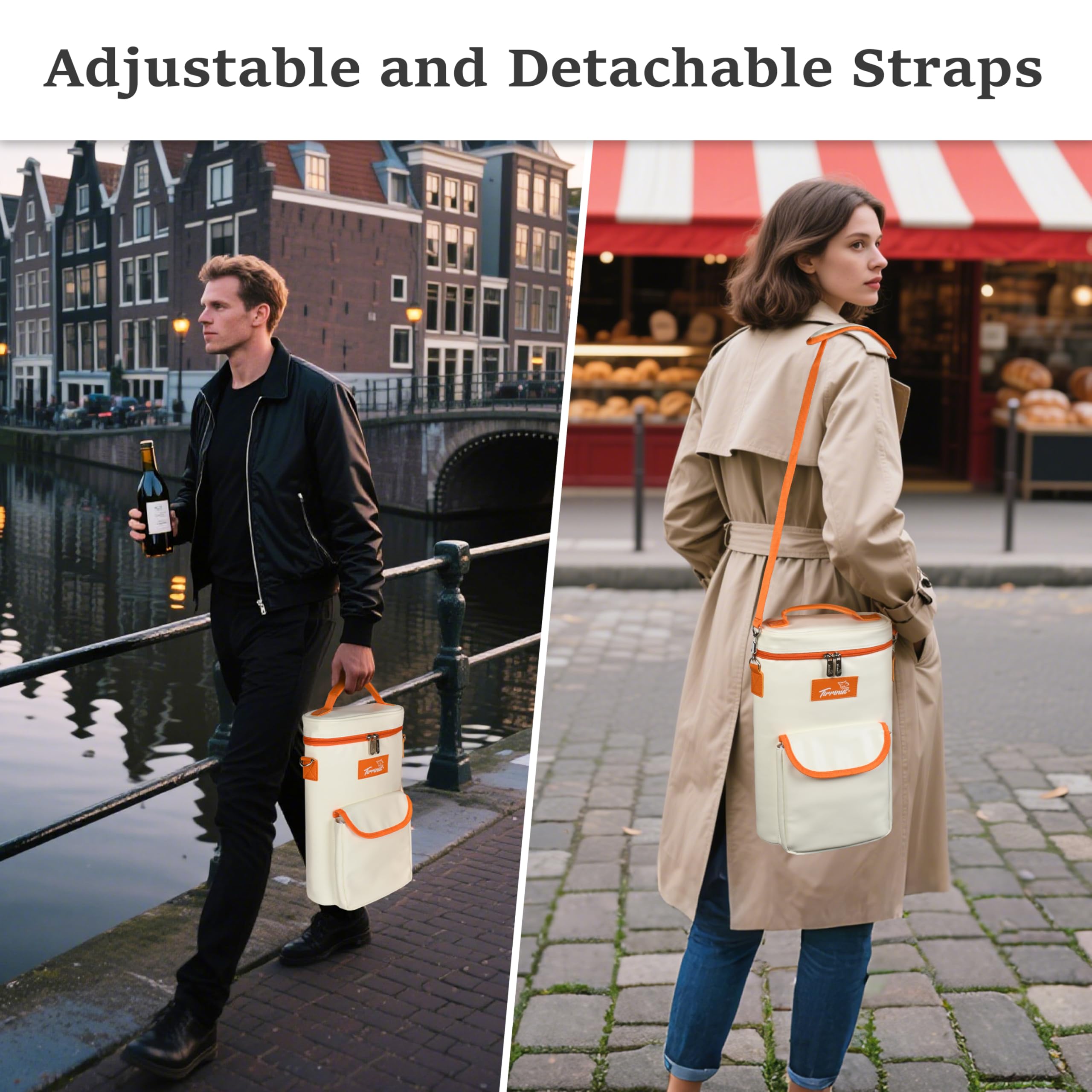 Tirrinia 2 Bottle Wine Gift Tote Carrier - Leakproof & Insulated Padded Versatile Wine Cooler Bag for Travel, BYOB Restaurant, Wine Tasting, Party, Dinner,Gift for Wine Lovers, Beige: White Orange 2 Bottle-with front pocket