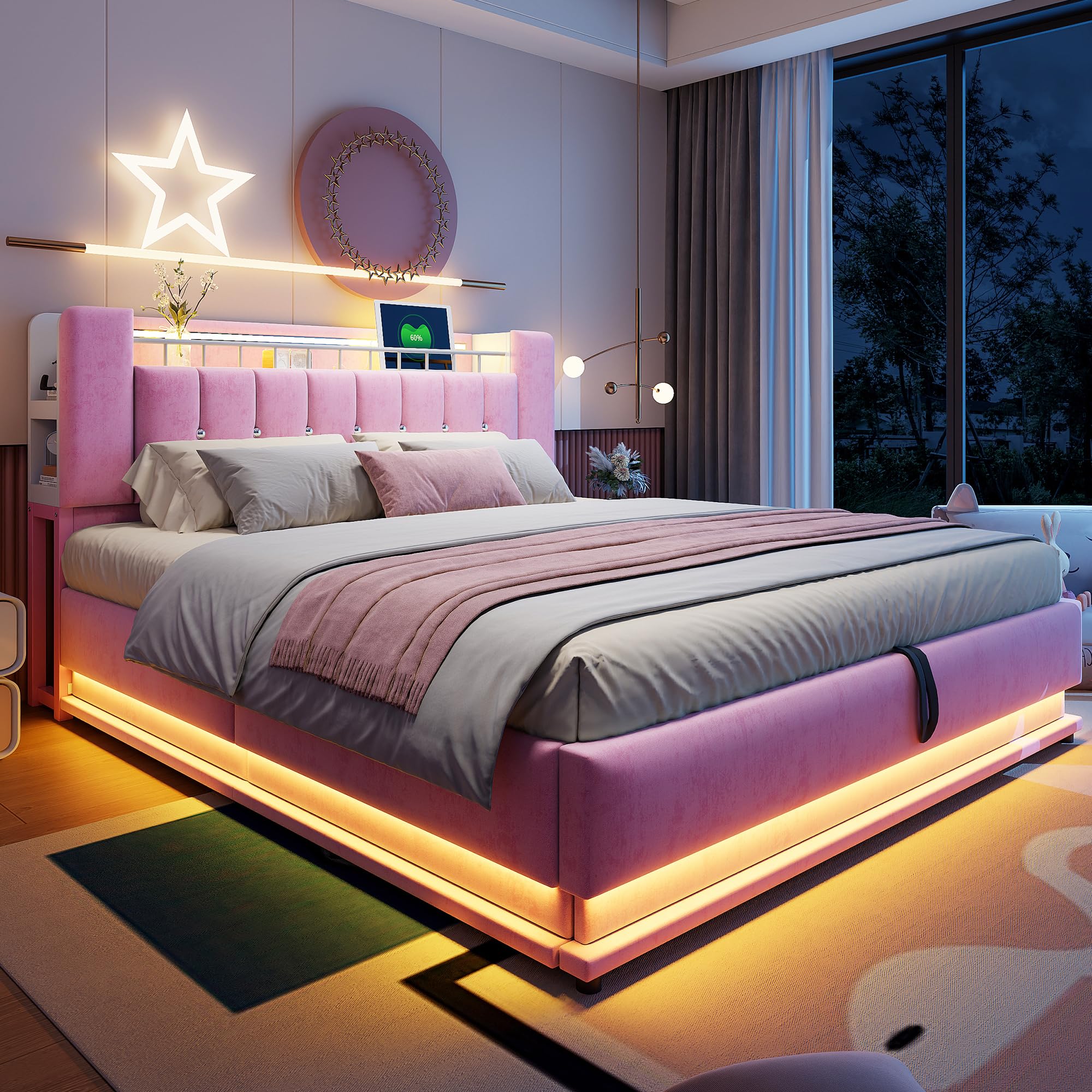 Kebnor Elegante letto imbottito con illuminazione a LED, vano portaoggetti USB e idraulico, rivestimento in velluto morbido e struttura in metallo (rosa, 180 x 200 cm)