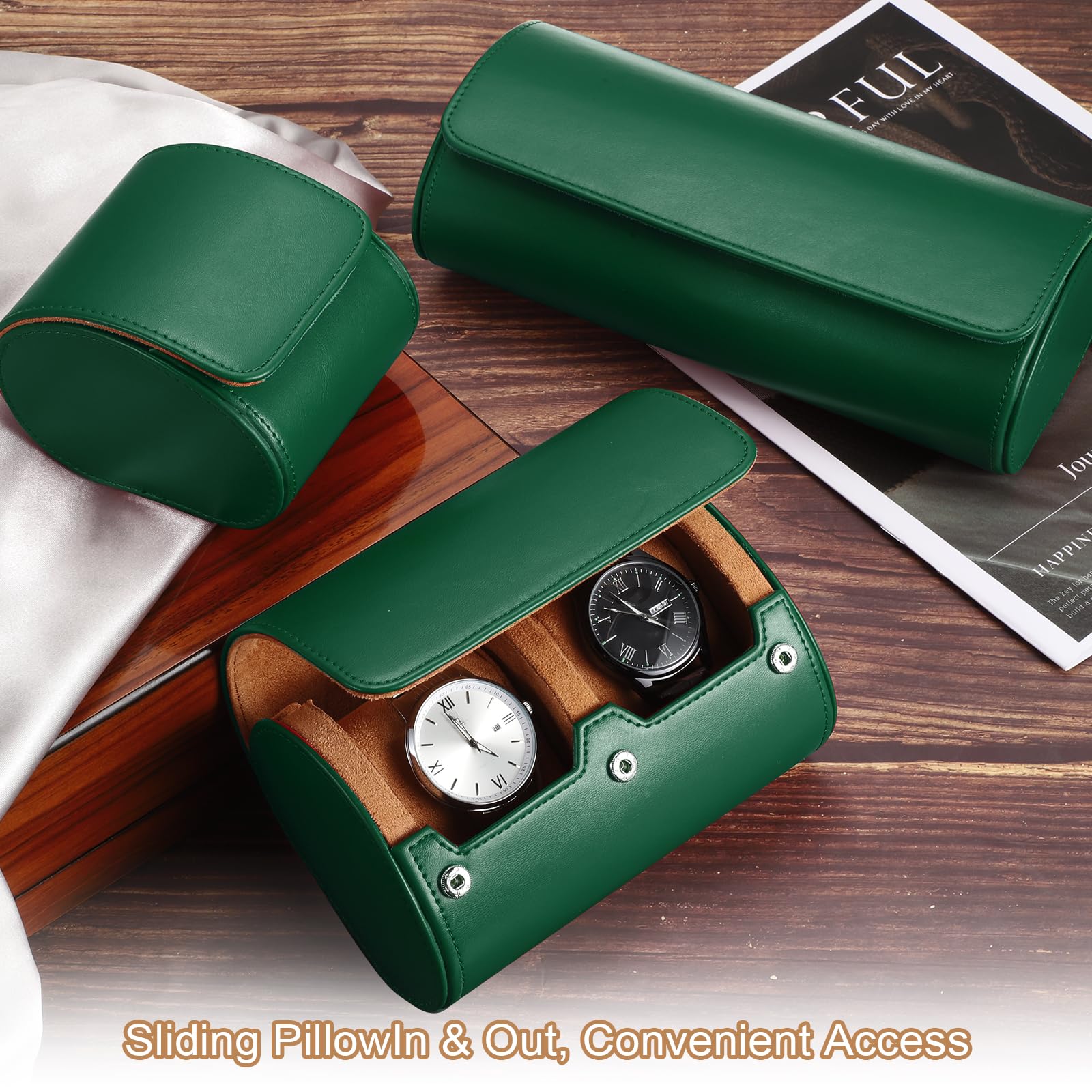 sourcing map Étui de voyage pour montre en cuir pour homme - Boîte de rangement portable pour Noël, anniversaire et anniversaire de mariage - 3 emplacements (vert)