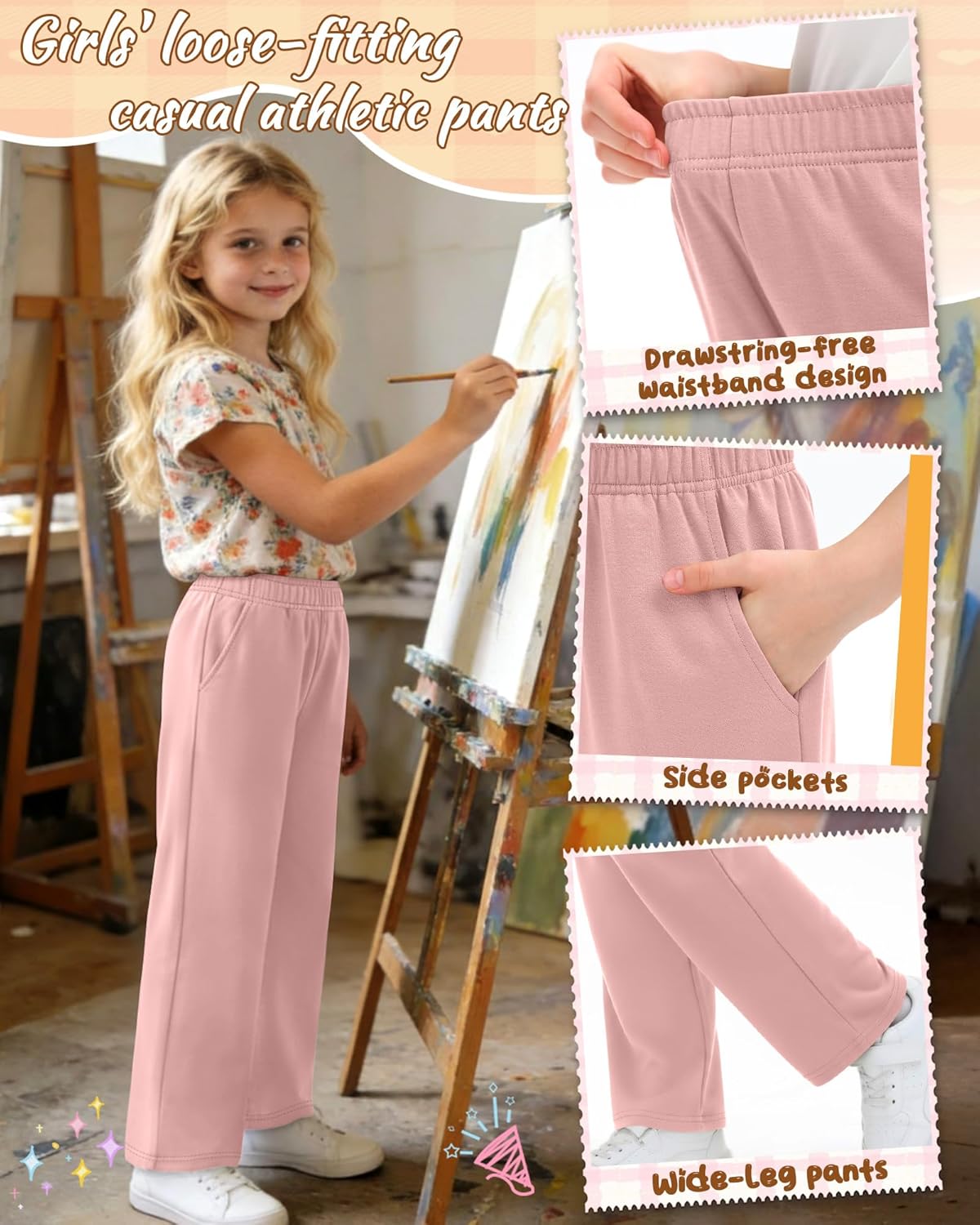 3 Pack Girls Wide Leg Sweatpants Kids Lightweight Joggers Open Bottom Baggy Lounge Pants Athletic with Pockets - Image 5