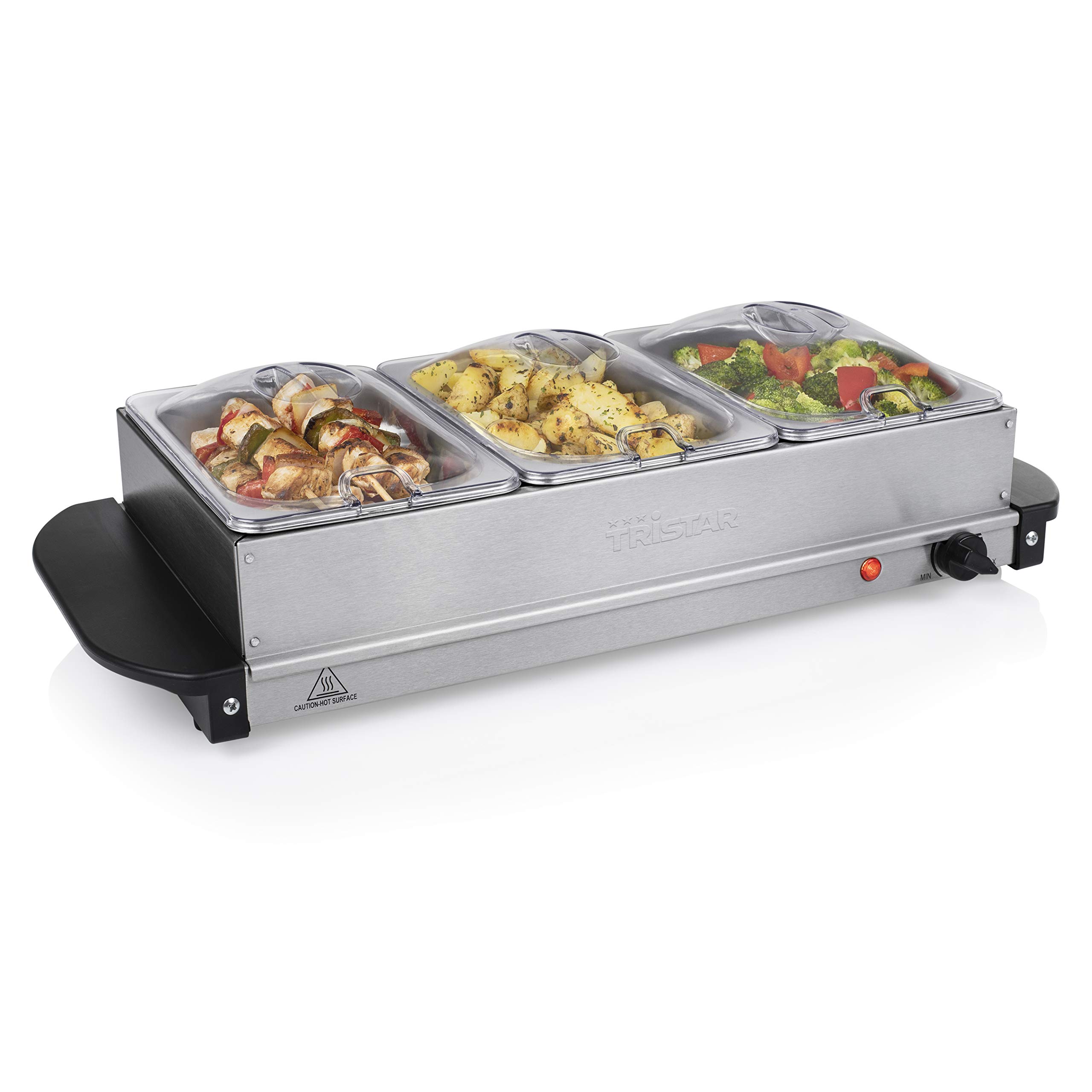 Tristar Chauffe-​Plats Buffet en Acier Inoxydable, 300 W, Thermostat Réglable, 4 Bacs avec Couvercle, Fonction Plaque Chauffante et Maintien au Chaud, Argenté, BP-​6285