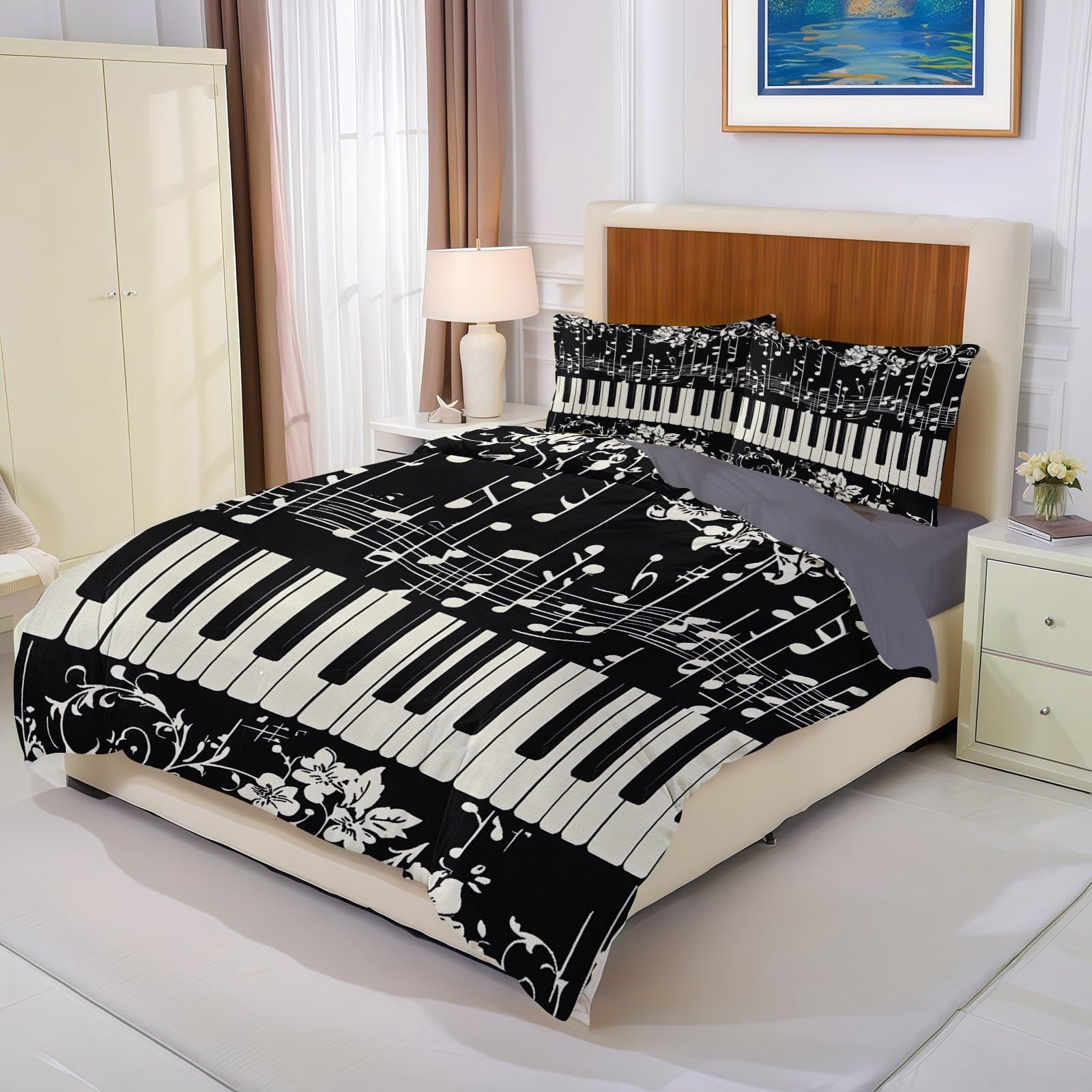Copripiumino Una Piazza e Mezza 250x200 cm nero Set Biancheria da Letto Tastiera del pianoforte e note in Microfibra Traspirante con Cerniera e 2 Federe
