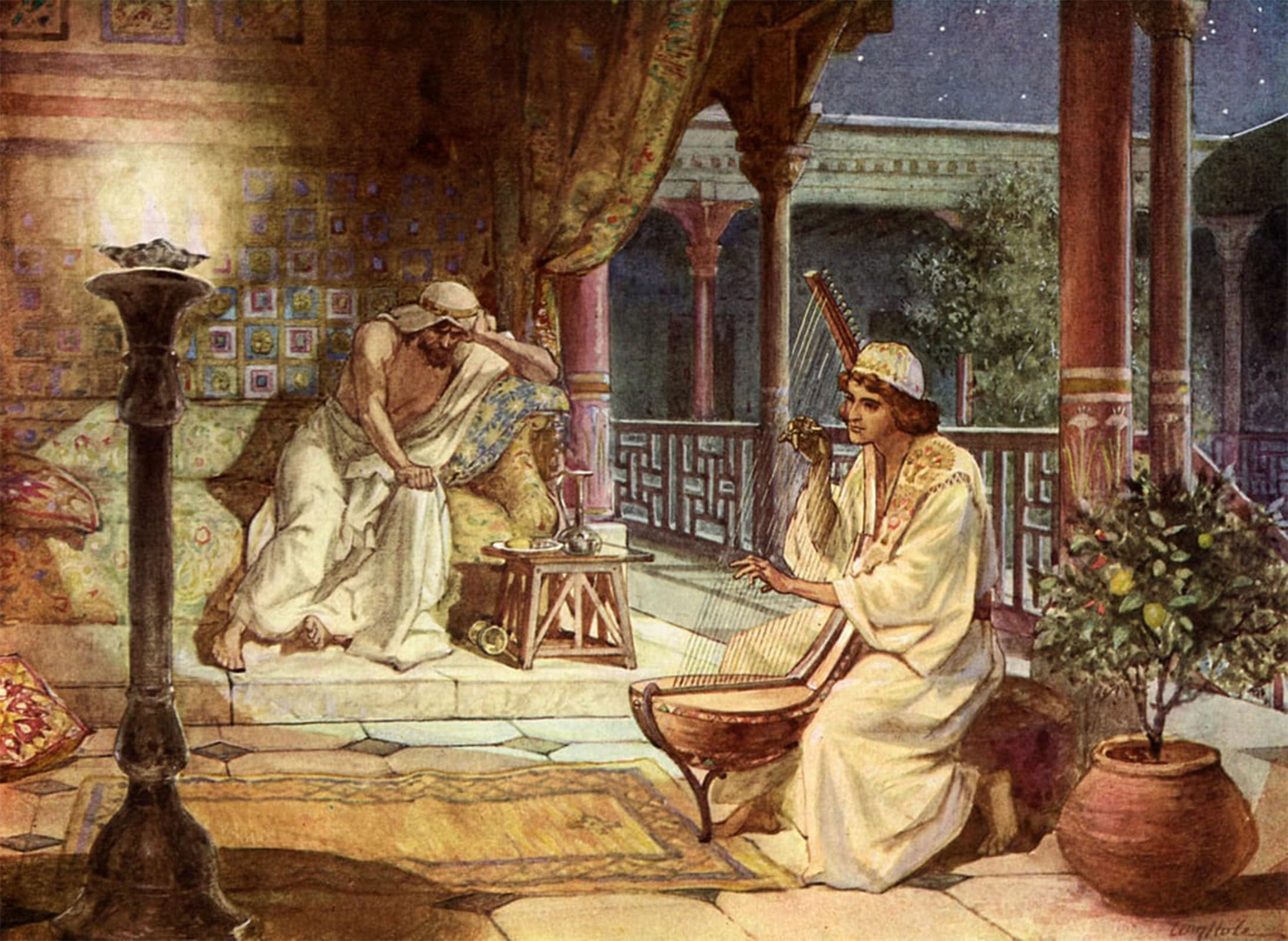 Cuadro David tocando el arpa para Saúl, pintura bíblica en lienzo para decoración, 60x90 5