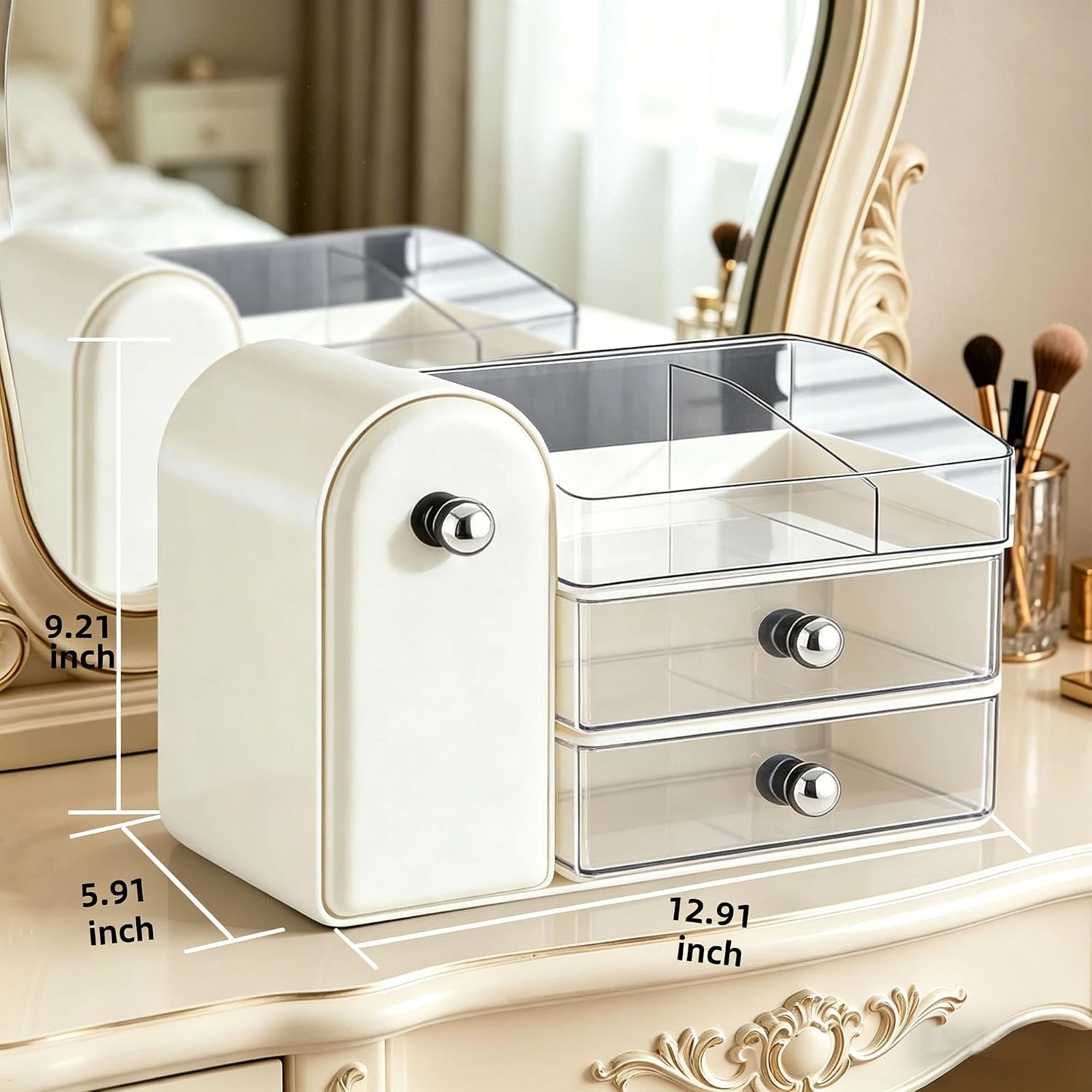 Makeup Organizer with Makeup Brush Holder, Cosmetic Organizer with 2 Drawer for Lipsticks, Perfumes, Eyeshadow Palettes and Nail Polishes (White)