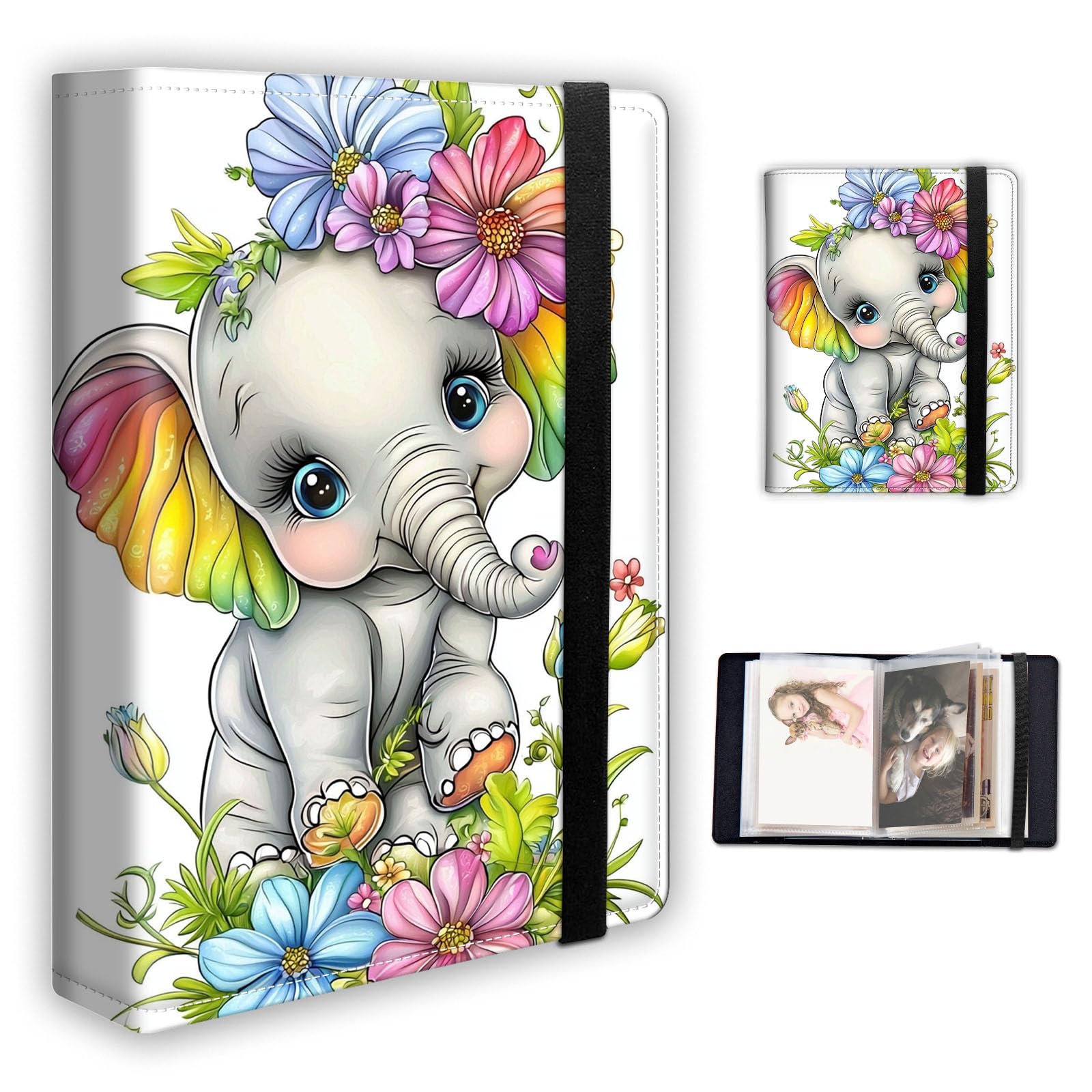FXIANGWL Photo Album 5x7 Photos, 60 Photos Capacity PU Leather Pattern Design Cover Photo Album with Strong Elastic Band, for Family Wedding Boys Girls Anniversary, Cute Cartoon Elephant