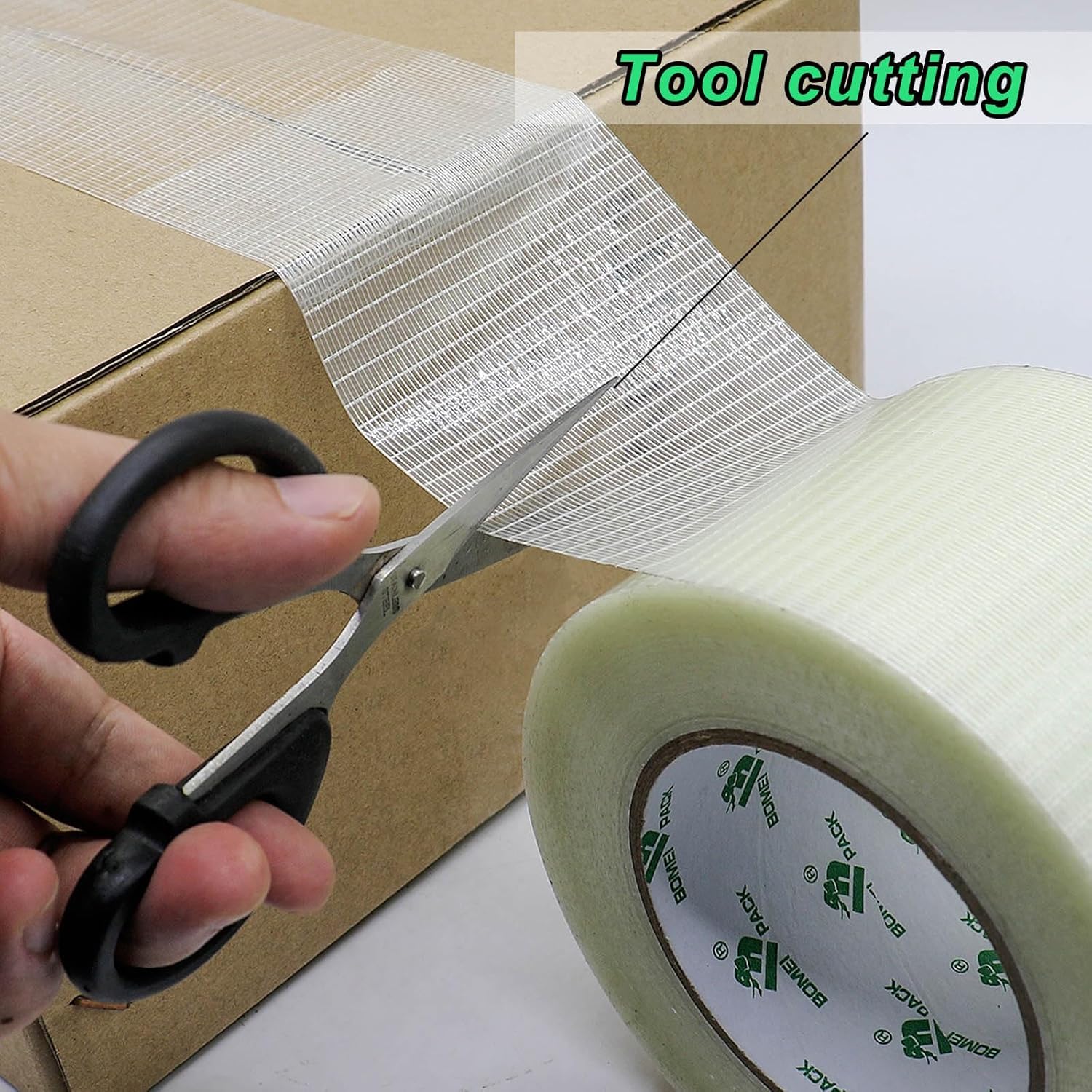 BOMEI PACK Fiber Reinforced Packing Tape 4 inch, Wide Clear Heavy Duty Bi Directional Filament Strapping Tape 4Inch x 55yds 6.7Mil