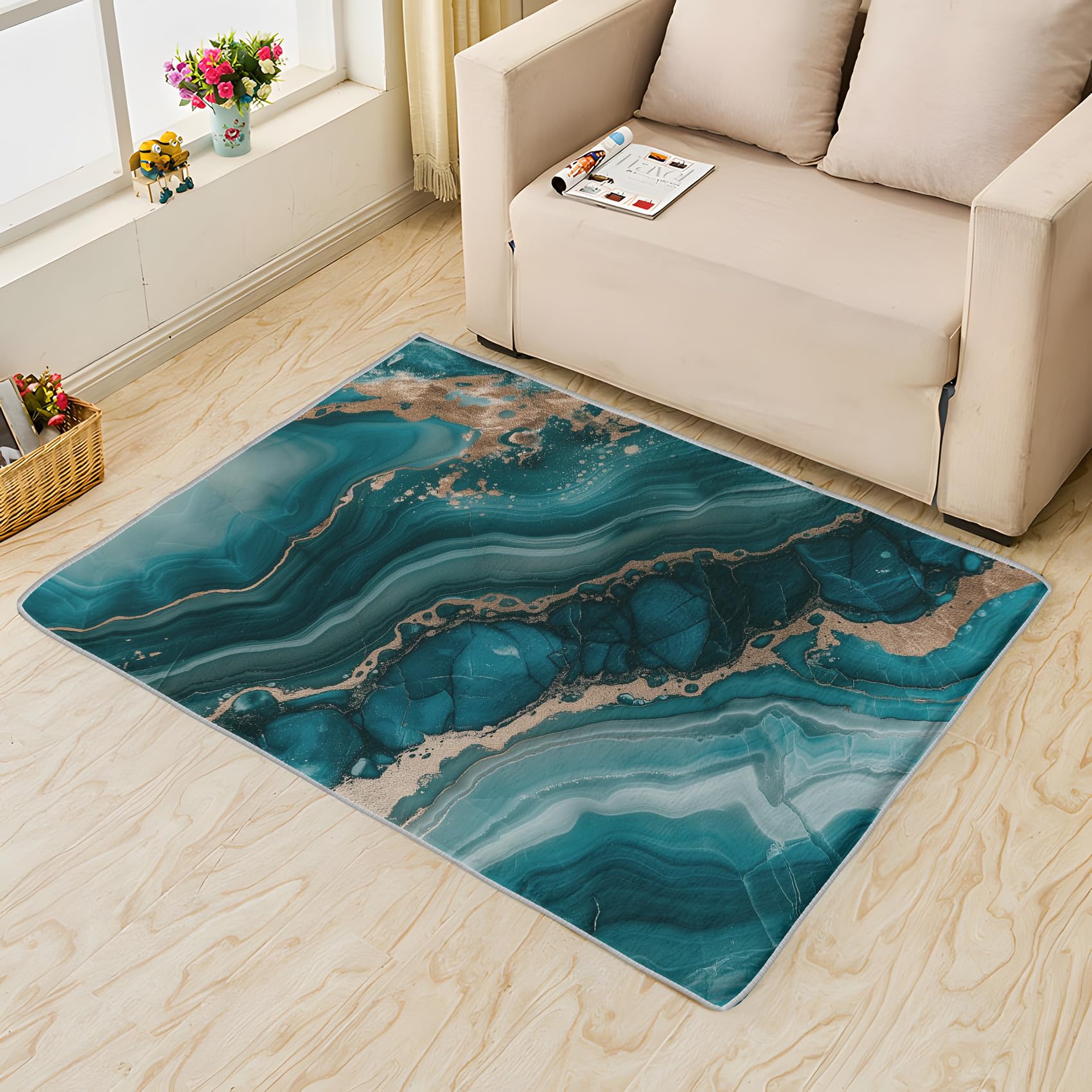 Crizdryn Area Rug 3x4, Teal Gemstone Abstract Rug, Turquoise Marble Carpet, Washable Ocean-Inspired Geode Rugs for Living Room, Bedroom, Dining Room,