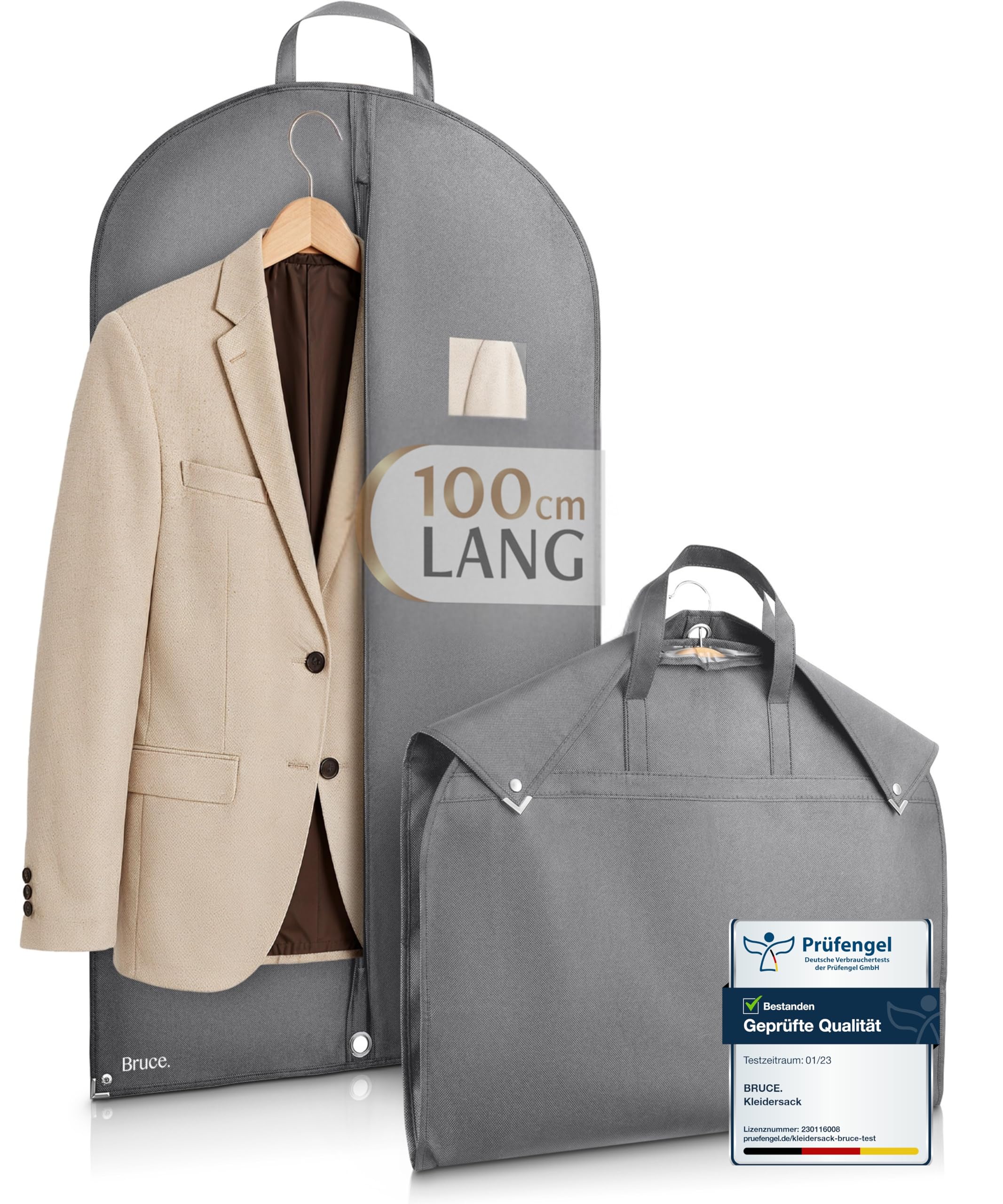 Bruce.® Short Garment Bag, 100 x 60 cm, Colour: Slate Grey, Breathable Garment Cover for Suit, Jacket & Shirt, 120 GSM Material Thickness, Suit Bag for Travel & Storage
