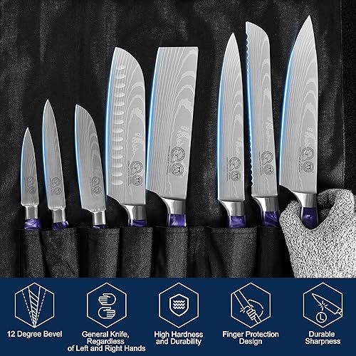 Miniatura 7 de Authentic XYJ Since 1986, juego de 8 cuchillos de chef japoneses con bolsa de rollo y funda, cuchillos de cocina culinaria de acero inoxidable,