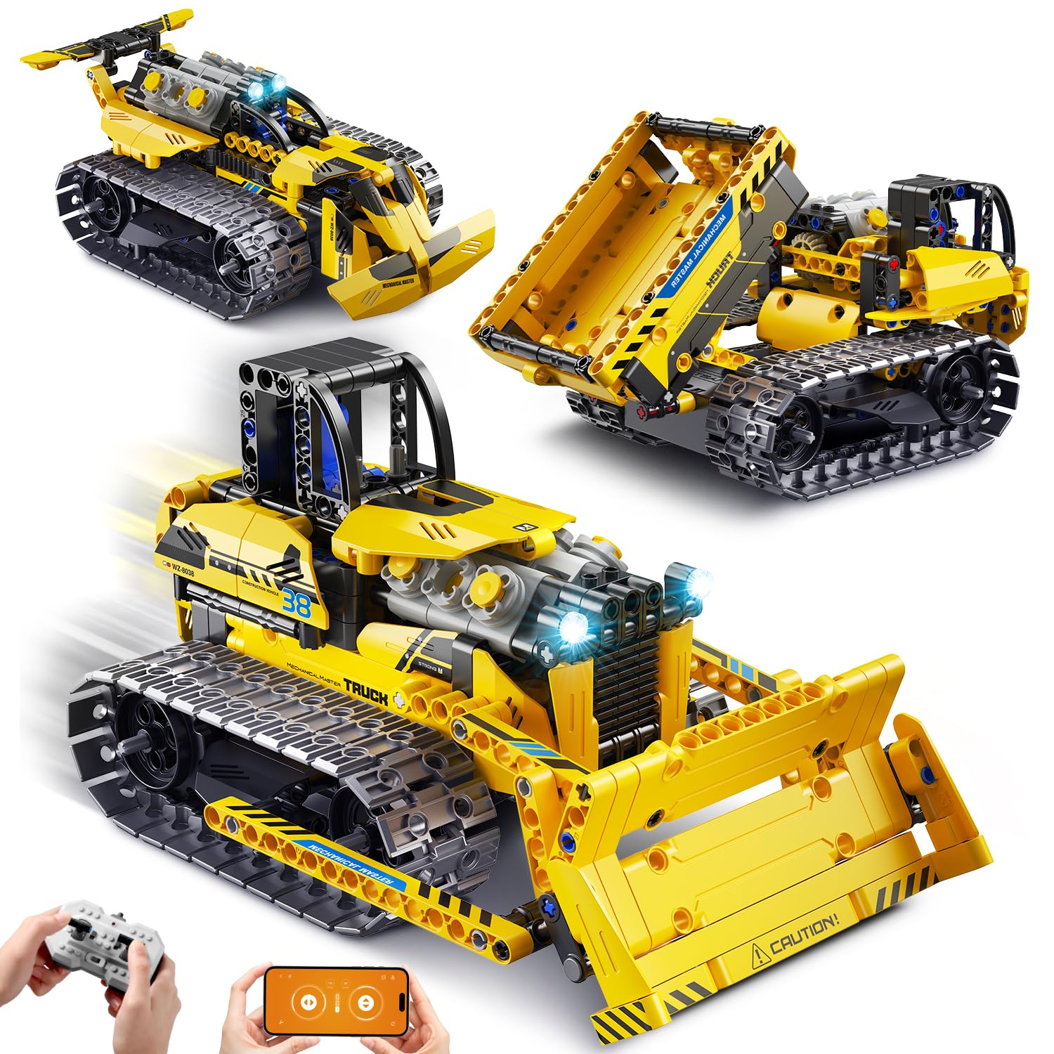 PLAXSOON Technik Ferngesteuertes Baufahrzeug Bauspielzeug mit Wiederaufladbare Akku, 3-in-1 RC STEM Technic Bulldozer Kipplaster Klemmbausteine 452 Stück, Geschenk für Kinder Jungen ab 8-12+ Jahren