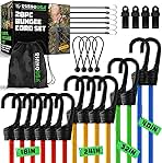 Rhino USA Bungee Cords with Hooks (28-Piece) Heavy Duty Outdoor Bungee Straps with Small, Short and Long Sizes - 4 Free Tarp Clips, Drawstring Bag, Canopy Ties & Ball Bungie - UV & Weather Resistant